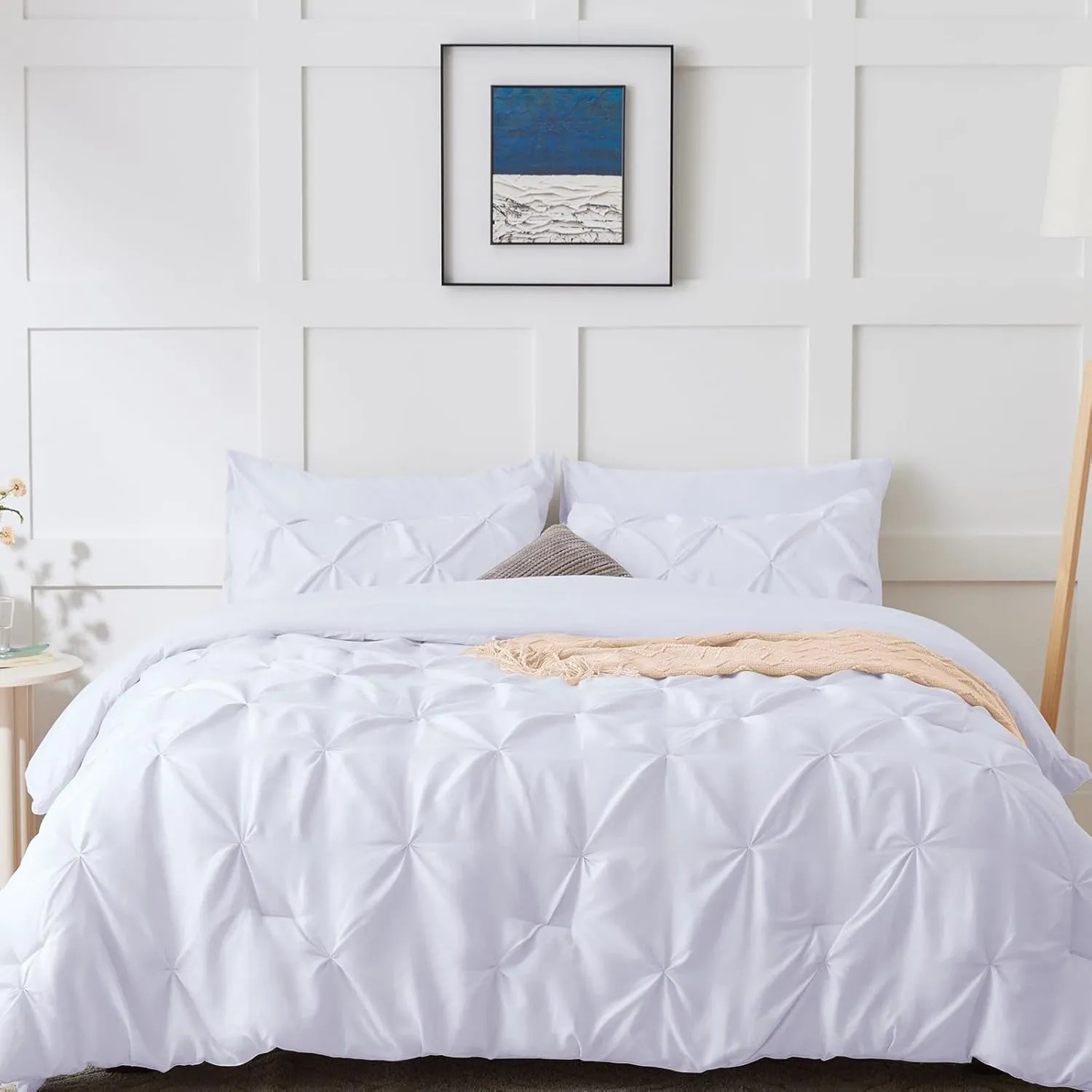 HIMEET- White Comforter Full Size Sheets and Comforter Set 7 Pieces Pintuck Breathable Comforter(82"x86") Full Bed Set Pinch Pleat Bed in a Bag Full Bedding Complete Set with Sheets,Pillowcases&Shams