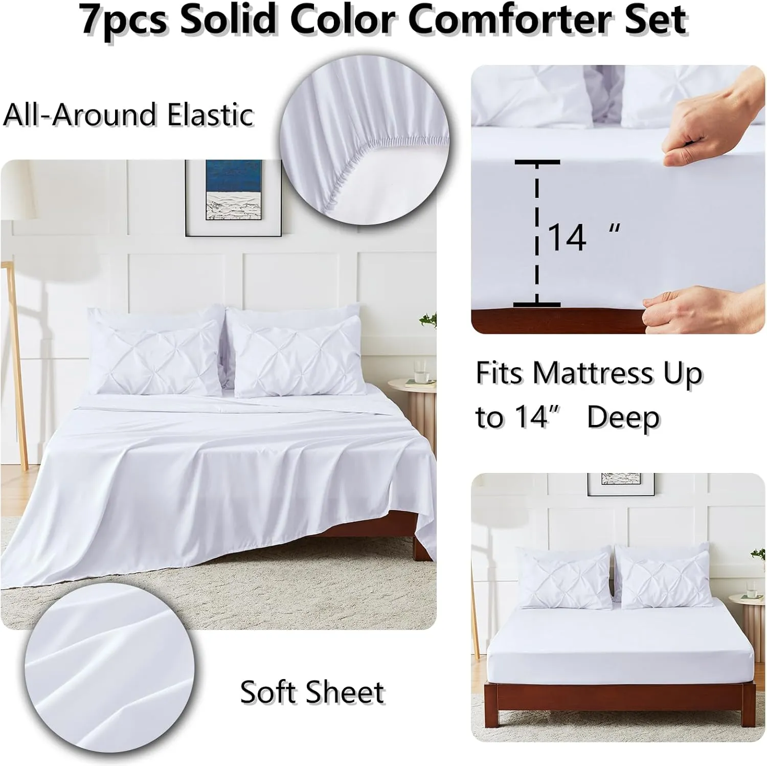 HIMEET- White Comforter Full Size Sheets and Comforter Set 7 Pieces Pintuck Breathable Comforter(82"x86") Full Bed Set Pinch Pleat Bed in a Bag Full Bedding Complete Set with Sheets,Pillowcases&Shams