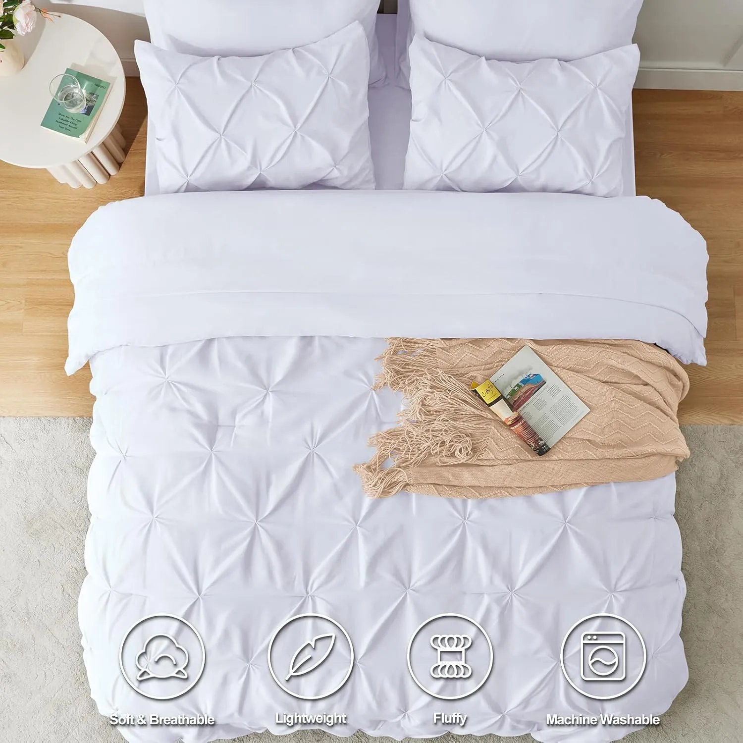HIMEET- White Comforter Full Size Sheets and Comforter Set 7 Pieces Pintuck Breathable Comforter(82"x86") Full Bed Set Pinch Pleat Bed in a Bag Full Bedding Complete Set with Sheets,Pillowcases&Shams