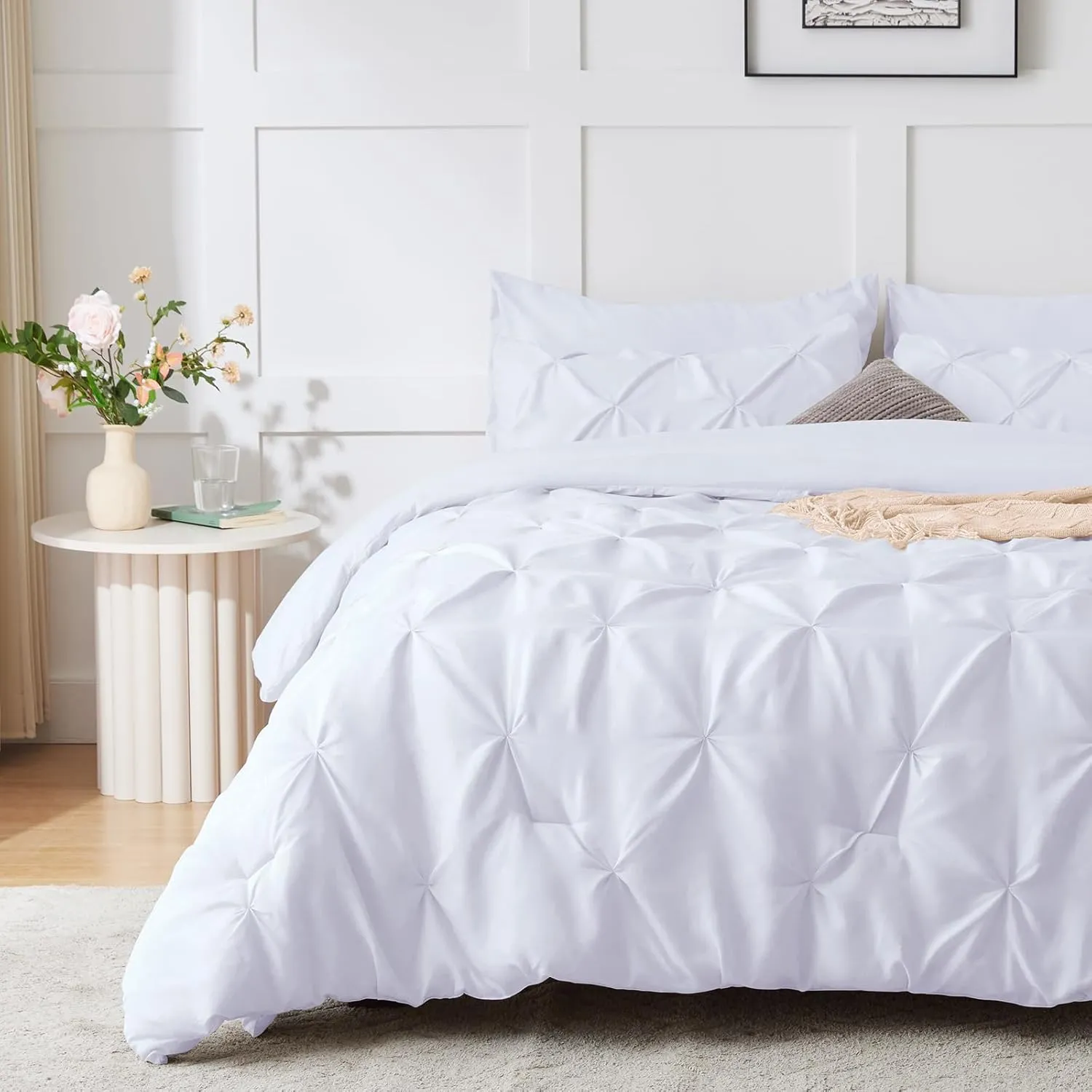 HIMEET- White Comforter Full Size Sheets and Comforter Set 7 Pieces Pintuck Breathable Comforter(82"x86") Full Bed Set Pinch Pleat Bed in a Bag Full Bedding Complete Set with Sheets,Pillowcases&Shams
