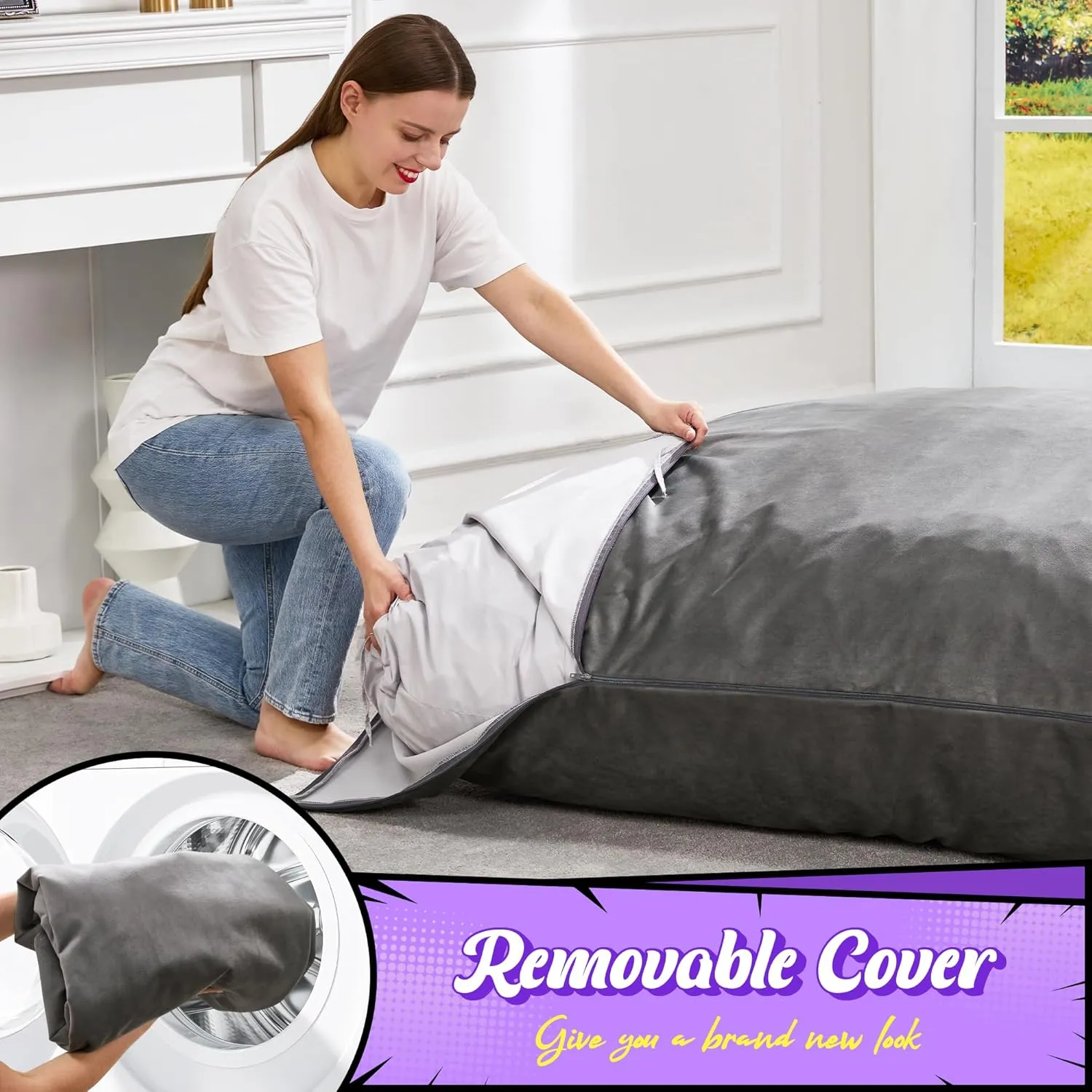 Hobestluk 3 in 1 Bean Bag Chair Giant Bean Bag Chairs for Adults with Velvet Cover Convertible Bean Bag Floor Cushion with Machine Washable Cover for Living Room (Velvet Grey)