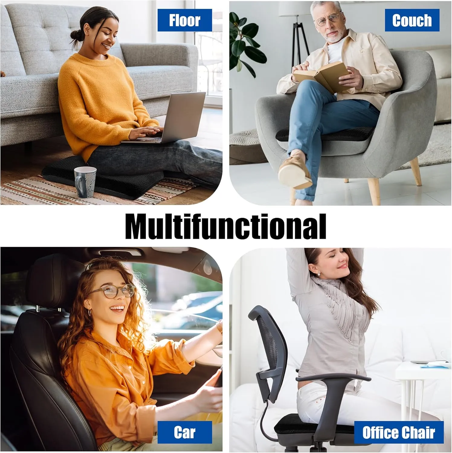 HOMBYS Tufted Furry Recliner Seat Cushion for Elderly Foam Curved Edge Large Square Seat Cushion for Recliner Chair, Floor Pillow, Office Chair, Car, No Pressure on Thighs, Black