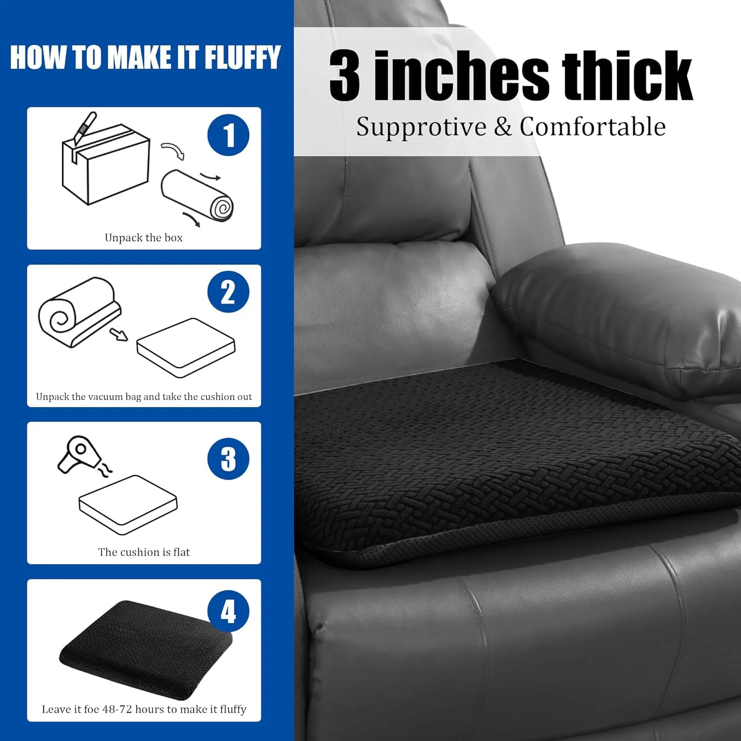 HOMBYS Tufted Furry Recliner Seat Cushion for Elderly Foam Curved Edge Large Square Seat Cushion for Recliner Chair, Floor Pillow, Office Chair, Car, No Pressure on Thighs, Black