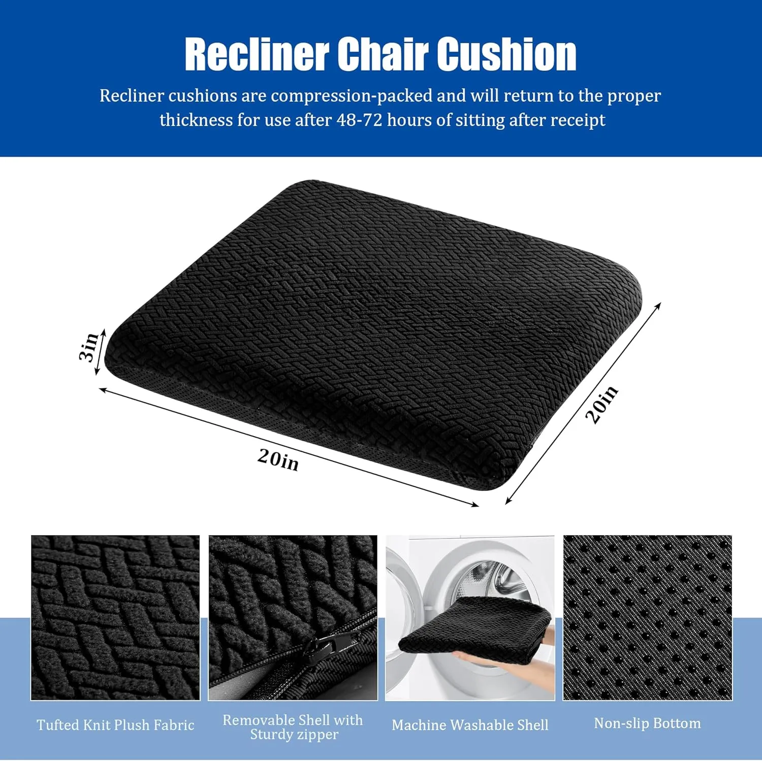 HOMBYS Tufted Furry Recliner Seat Cushion for Elderly Foam Curved Edge Large Square Seat Cushion for Recliner Chair, Floor Pillow, Office Chair, Car, No Pressure on Thighs, Black