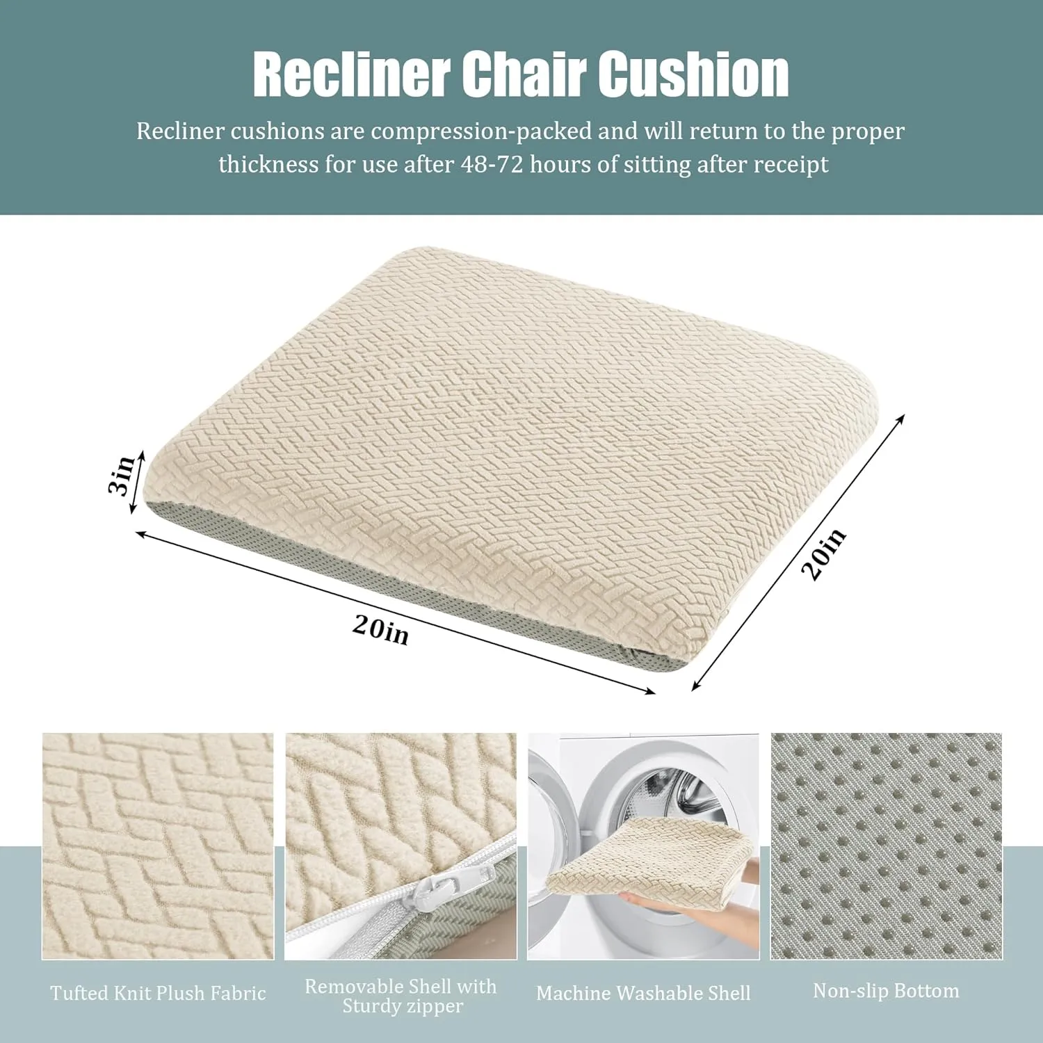 HOMBYS Tufted Furry Recliner Seat Cushion for Elderly Foam Curved Edge Large Square Seat Cushion for Recliner Chair, Floor Pillow, Office Chair, Car, No Pressure on Thighs,Beige