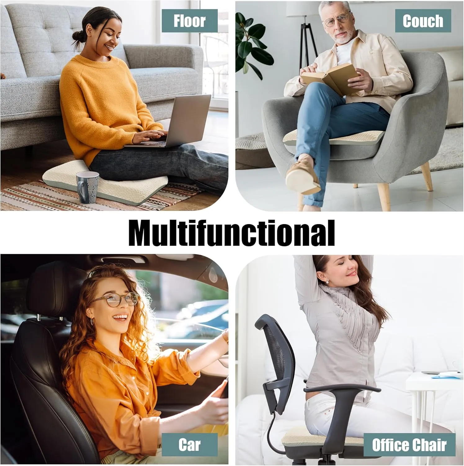 HOMBYS Tufted Furry Recliner Seat Cushion for Elderly Foam Curved Edge Large Square Seat Cushion for Recliner Chair, Floor Pillow, Office Chair, Car, No Pressure on Thighs,Beige