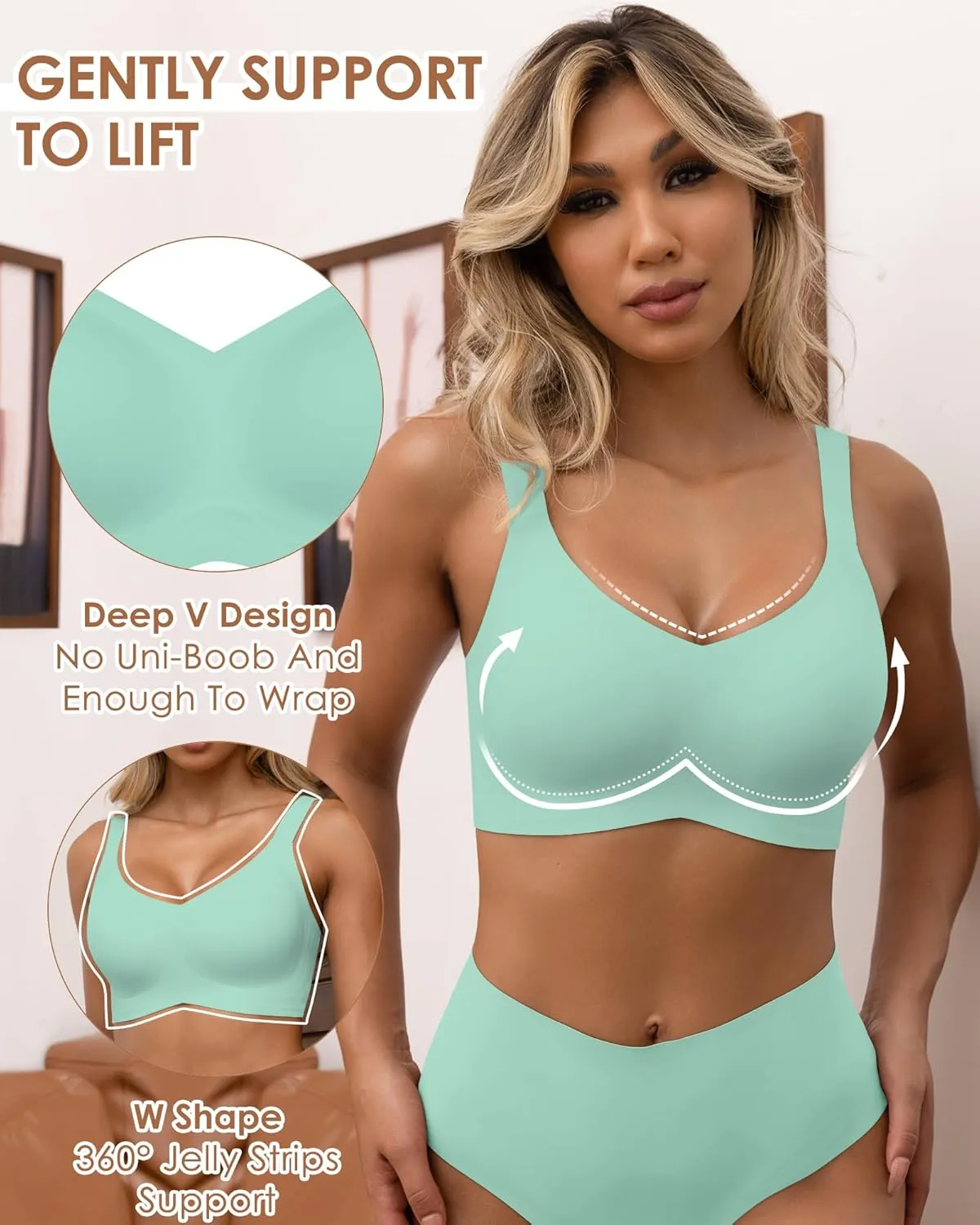 HORISUN Seamless Bras Full Coverage Wireless Push Up Bra for Women No Underwire Comfort V Neck Bralettes with Support
