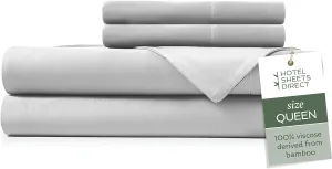 Hotel Sheets Direct 4 Piece Bed Sheet Set Queen Size, 100% Viscose Derived from Bamboo Sheets Set with 2 Pillowcases, Cooling & Breathable Luxury Bedding, Moisture-Wicking & Silky Soft Texture, Gray