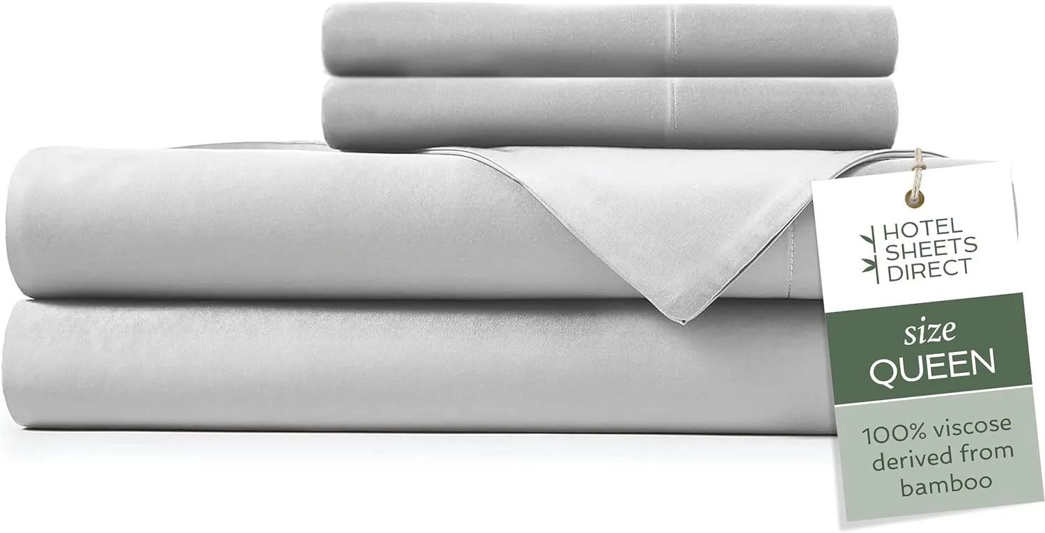 Hotel Sheets Direct 4 Piece Bed Sheet Set Queen Size, 100% Viscose Derived from Bamboo Sheets Set with 2 Pillowcases, Cooling & Breathable Luxury Bedding, Moisture-Wicking & Silky Soft Texture, Gray