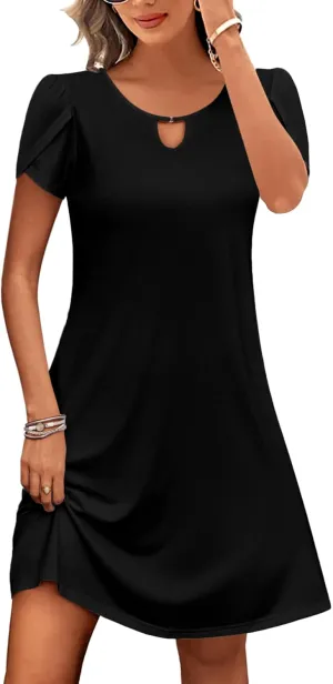 HOTOUCH Women's Casual A-Line Dress with Pockets Summer Beach Floral Tshirt Dress Short Sleeve Mini Dress Flowy Sundresses
