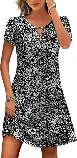 HOTOUCH Women's Casual A-Line Dress with Pockets Summer Beach Floral Tshirt Dress Short Sleeve Mini Dress Flowy Sundresses