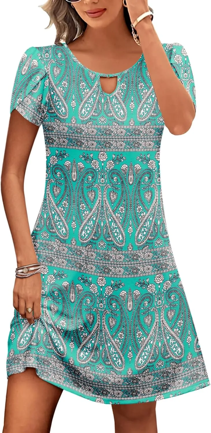 HOTOUCH Women's Casual A-Line Dress with Pockets Summer Beach Floral Tshirt Dress Short Sleeve Mini Dress Flowy Sundresses