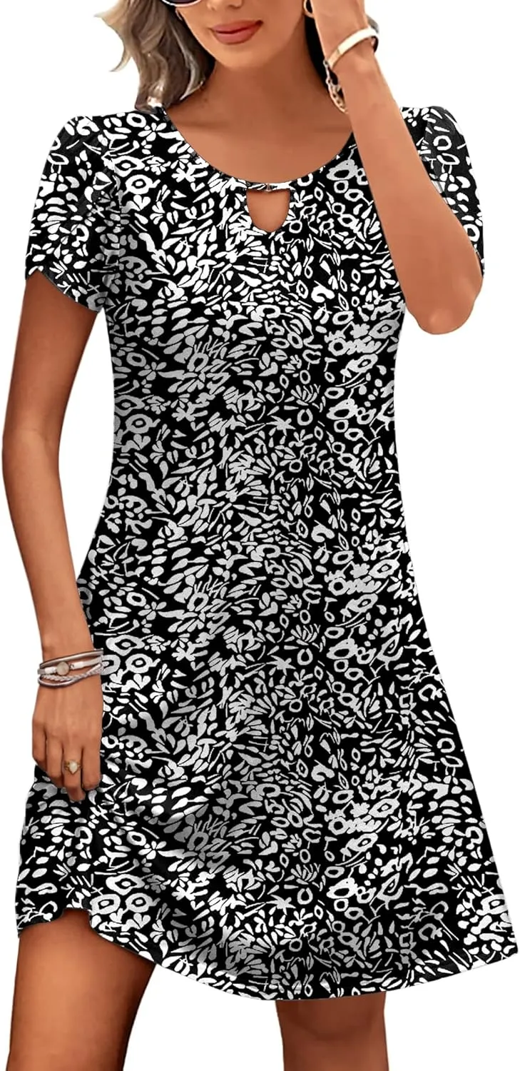 HOTOUCH Women's Casual A-Line Dress with Pockets Summer Beach Floral Tshirt Dress Short Sleeve Mini Dress Flowy Sundresses