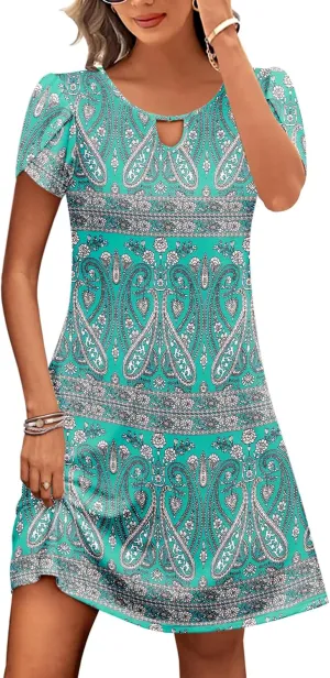 HOTOUCH Women's Casual A-Line Dress with Pockets Summer Beach Floral Tshirt Dress Short Sleeve Mini Dress Flowy Sundresses