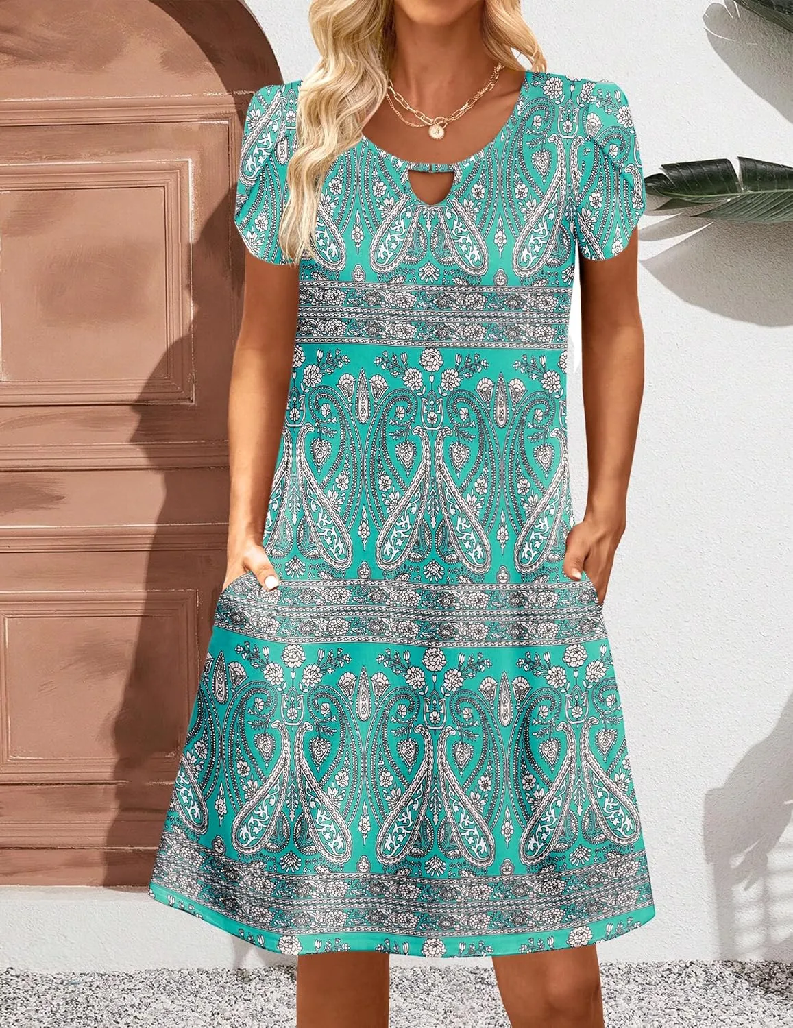 HOTOUCH Women's Casual A-Line Dress with Pockets Summer Beach Floral Tshirt Dress Short Sleeve Mini Dress Flowy Sundresses