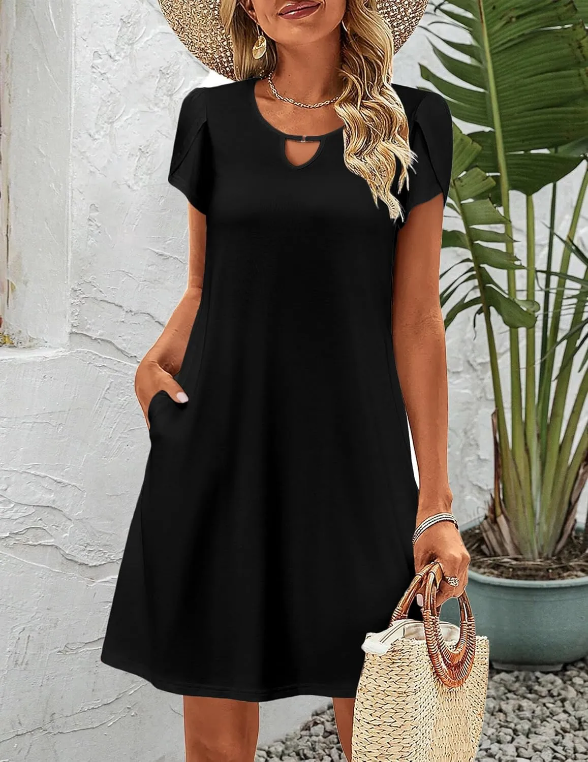 HOTOUCH Women's Casual A-Line Dress with Pockets Summer Beach Floral Tshirt Dress Short Sleeve Mini Dress Flowy Sundresses