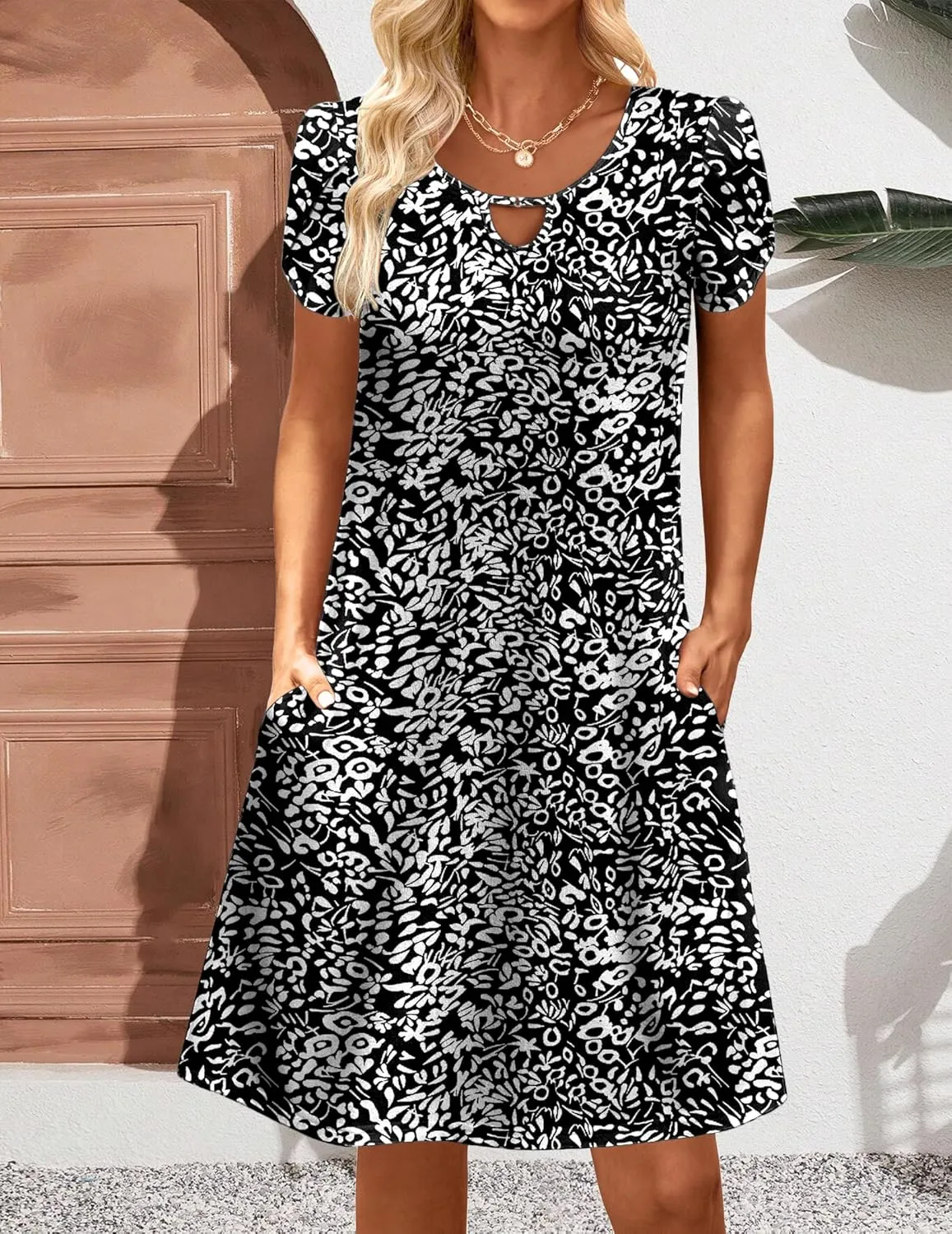 HOTOUCH Women's Casual A-Line Dress with Pockets Summer Beach Floral Tshirt Dress Short Sleeve Mini Dress Flowy Sundresses