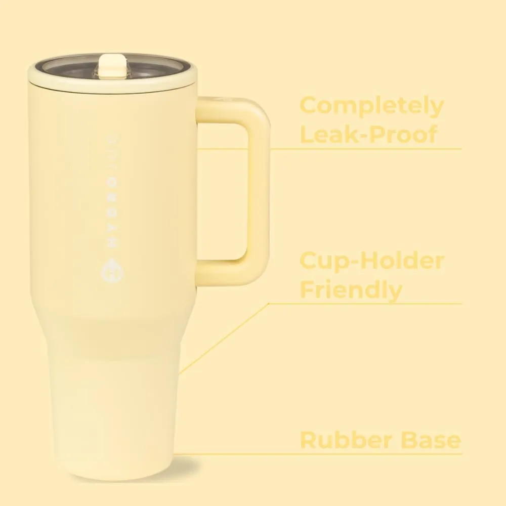 HydroJug Traveler - 32 oz Water Bottle with Handle & Flip Straw - Fits in Cup Holder, Leak Resistant Tumbler-Reusable Insulated Stainless Steel & Rubber Base - Gifts for Women & Men, Butter