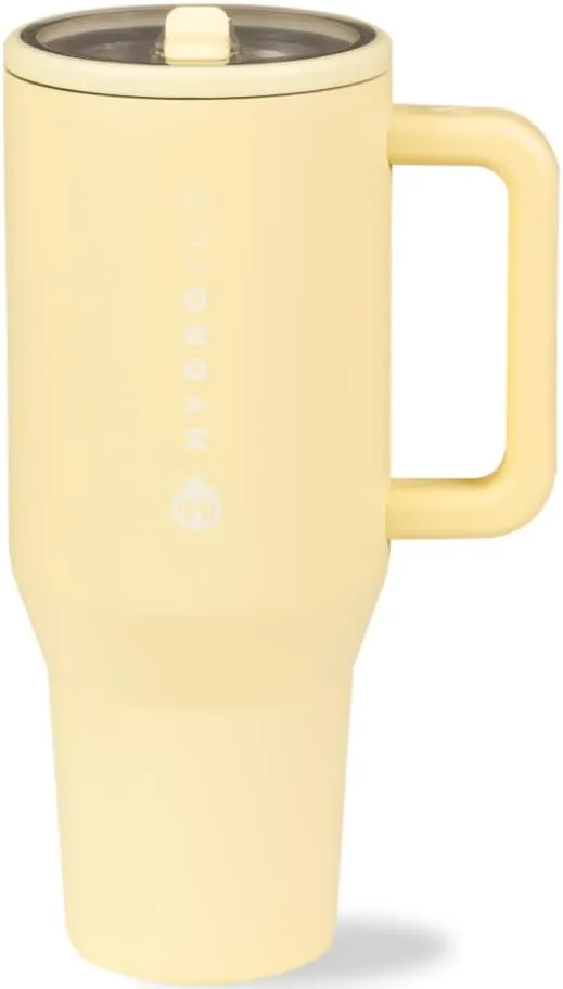 HydroJug Traveler - 32 oz Water Bottle with Handle & Flip Straw - Fits in Cup Holder, Leak Resistant Tumbler-Reusable Insulated Stainless Steel & Rubber Base - Gifts for Women & Men, Butter