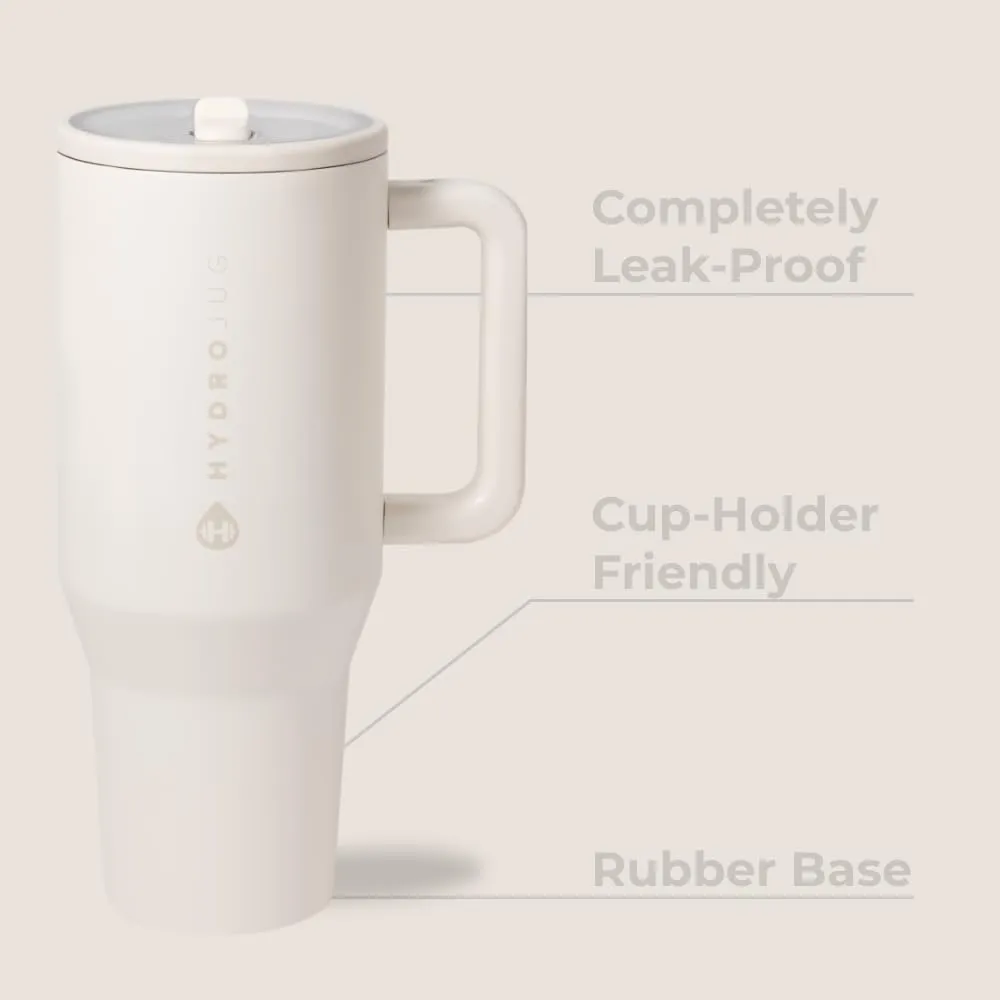 HydroJug Traveler - 32 oz Water Bottle with Handle & Flip Straw - Fits in Cup Holder, Leak Resistant Tumbler-Reusable Insulated Stainless Steel & Rubber Base - Gifts for Women & Men, Cream
