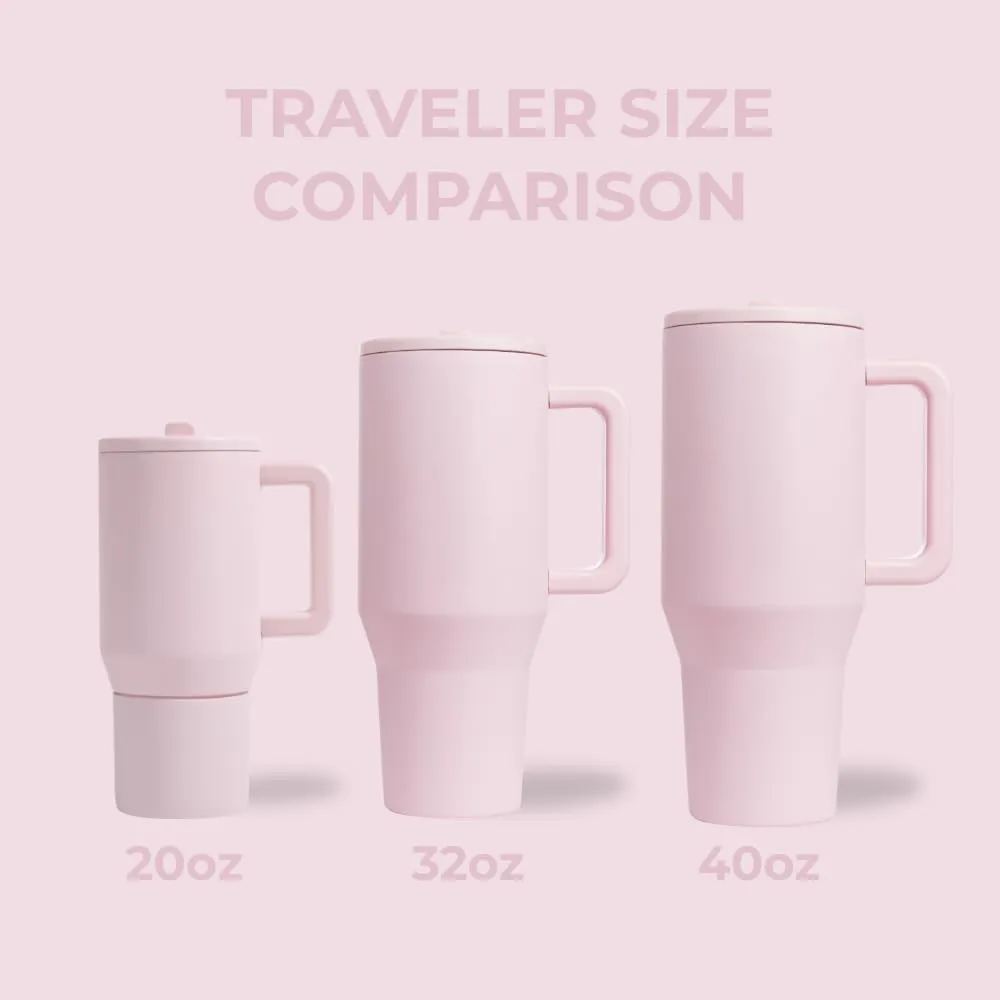 HydroJug Traveler - 32 oz Water Bottle with Handle & Flip Straw - Fits in Cup Holder, Leak Resistant Tumbler-Reusable Insulated Stainless Steel & Rubber Base - Gifts for Women & Men, Pink Sand