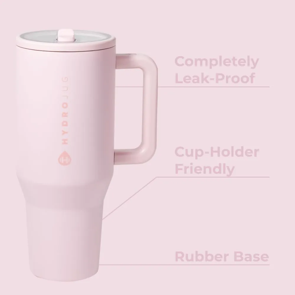 HydroJug Traveler - 32 oz Water Bottle with Handle & Flip Straw - Fits in Cup Holder, Leak Resistant Tumbler-Reusable Insulated Stainless Steel & Rubber Base - Gifts for Women & Men, Pink Sand