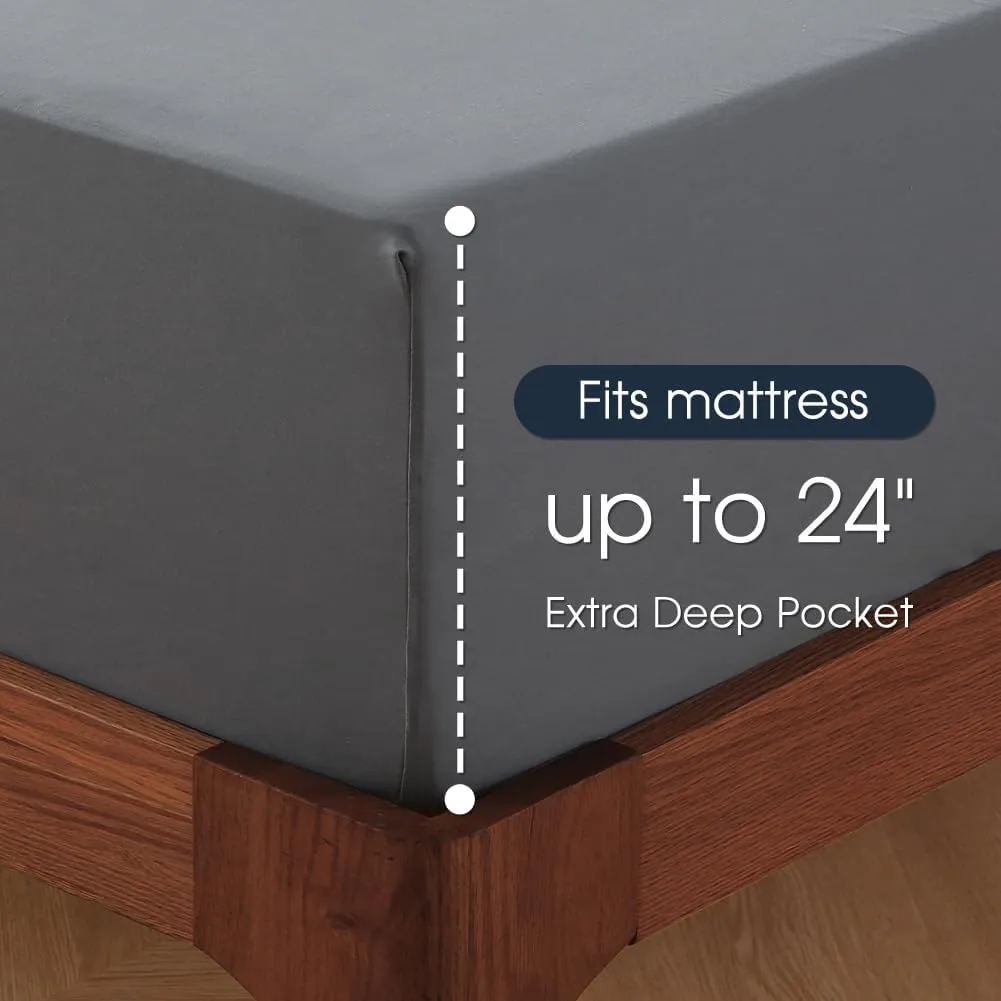 HYPREST Extra Deep Pocket Cal King Sheet Sets Fits 18"-24" in Deep Mattress -100% Cotton California King Sheet Set, Grey Hotel Luxury Soft Wrinkle Free Cooling Sheet Sets Deep Pocket