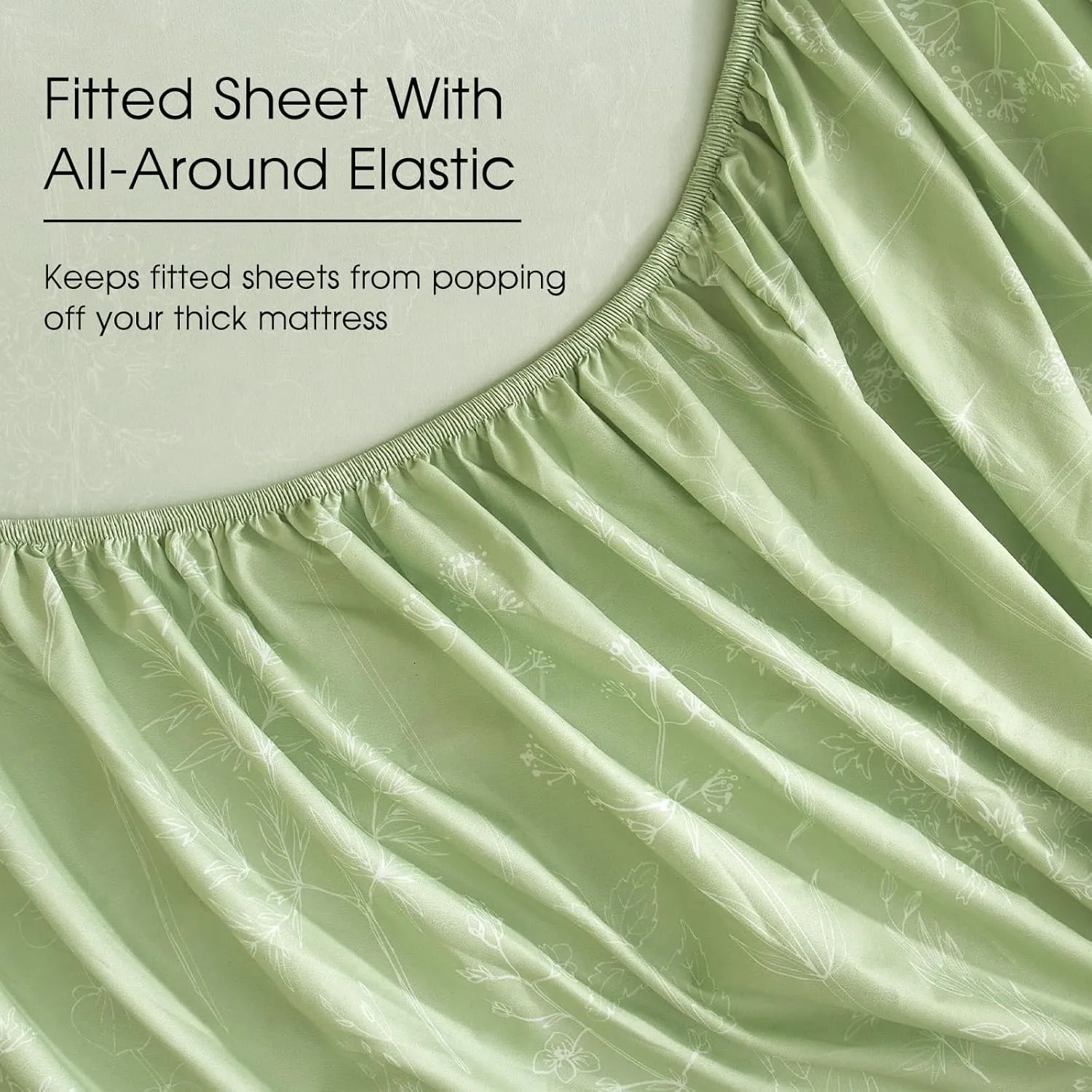 HYPREST Sage Green Sheets Queen, 18 Inch Deep Pocket Sheets Shabby Chic Green Floral Cute Bed Sheets Soft Breathable-1800 Thread Count