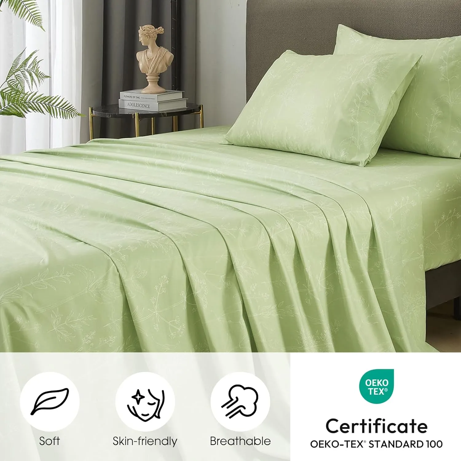 HYPREST Sage Green Sheets Queen, 18 Inch Deep Pocket Sheets Shabby Chic Green Floral Cute Bed Sheets Soft Breathable-1800 Thread Count