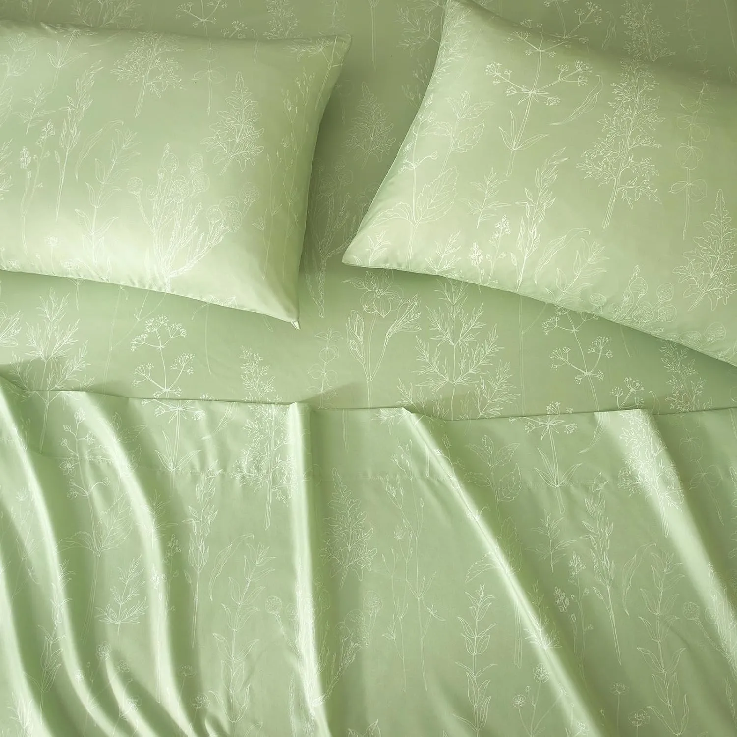 HYPREST Sage Green Sheets Queen, 18 Inch Deep Pocket Sheets Shabby Chic Green Floral Cute Bed Sheets Soft Breathable-1800 Thread Count