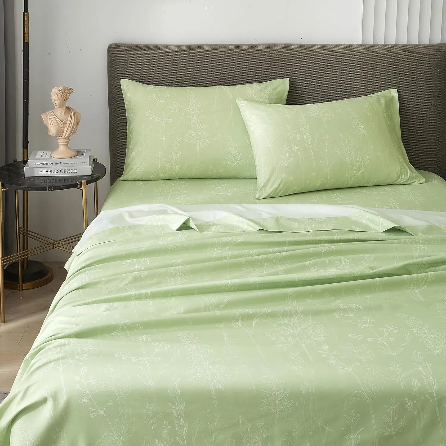 HYPREST Sage Green Sheets Queen, 18 Inch Deep Pocket Sheets Shabby Chic Green Floral Cute Bed Sheets Soft Breathable-1800 Thread Count