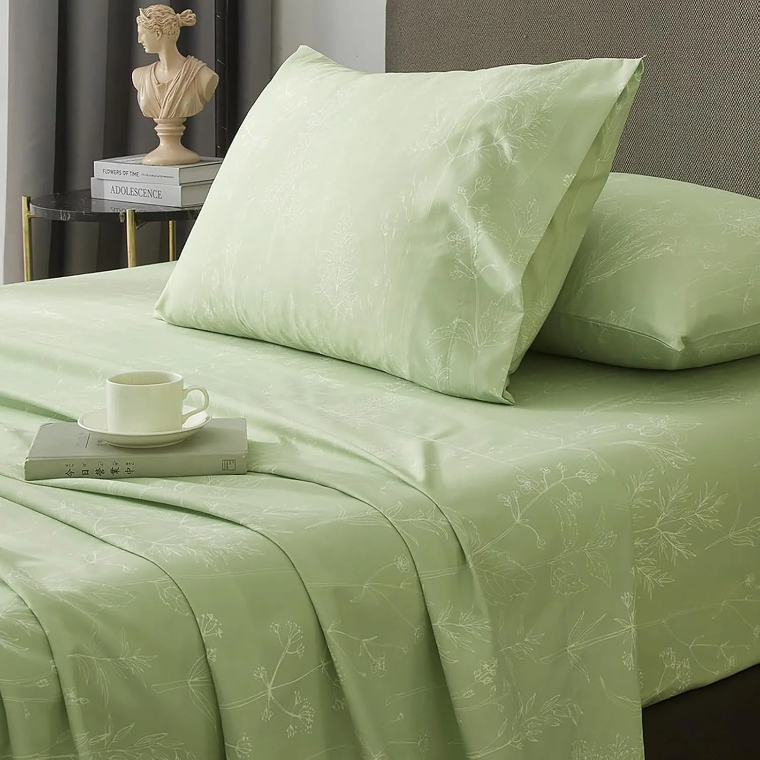 HYPREST Sage Green Sheets Queen, 18 Inch Deep Pocket Sheets Shabby Chic Green Floral Cute Bed Sheets Soft Breathable-1800 Thread Count