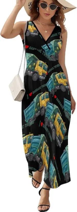 I Love Garbage Trunks Women's Sleeveless V-Neck Maxi Dress Long Casual Summer Sundress
