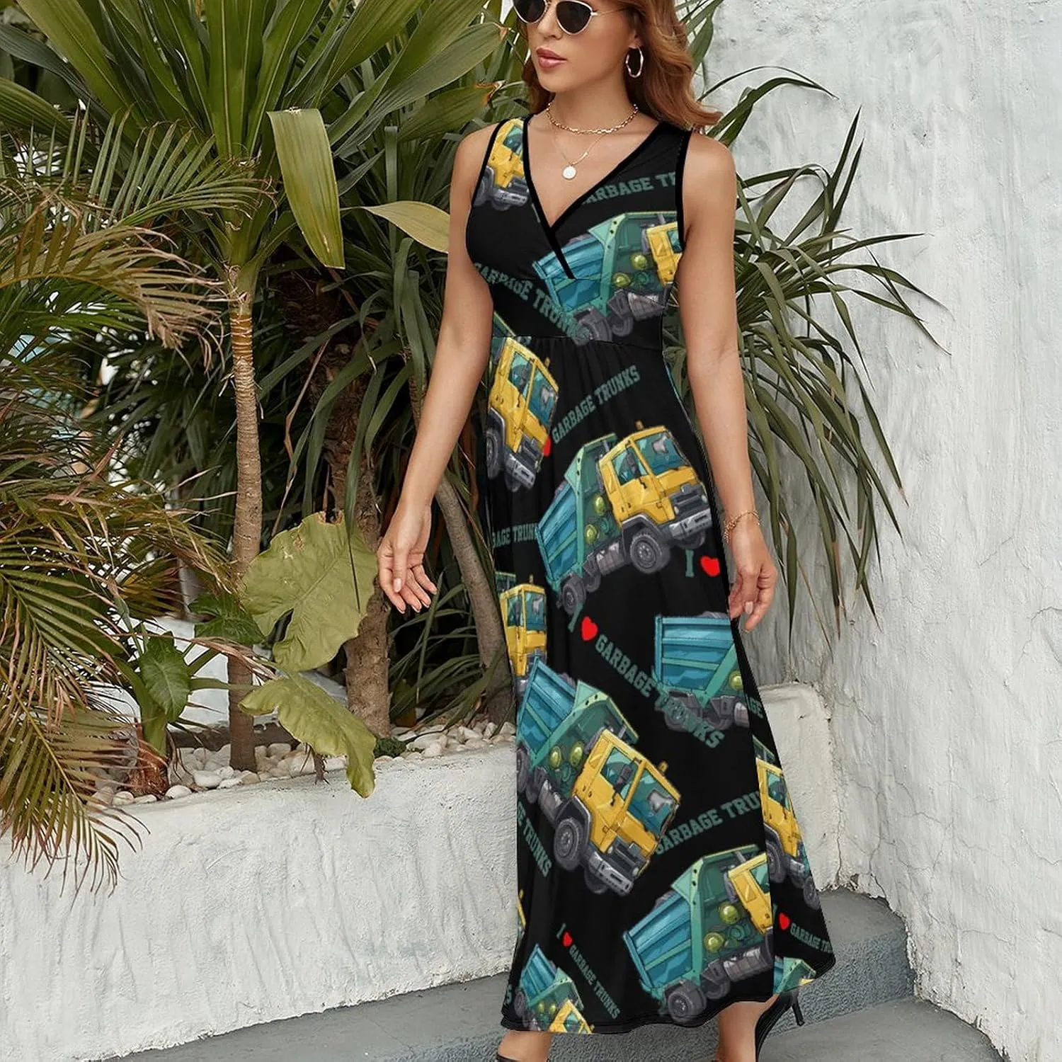 I Love Garbage Trunks Women's Sleeveless V-Neck Maxi Dress Long Casual Summer Sundress