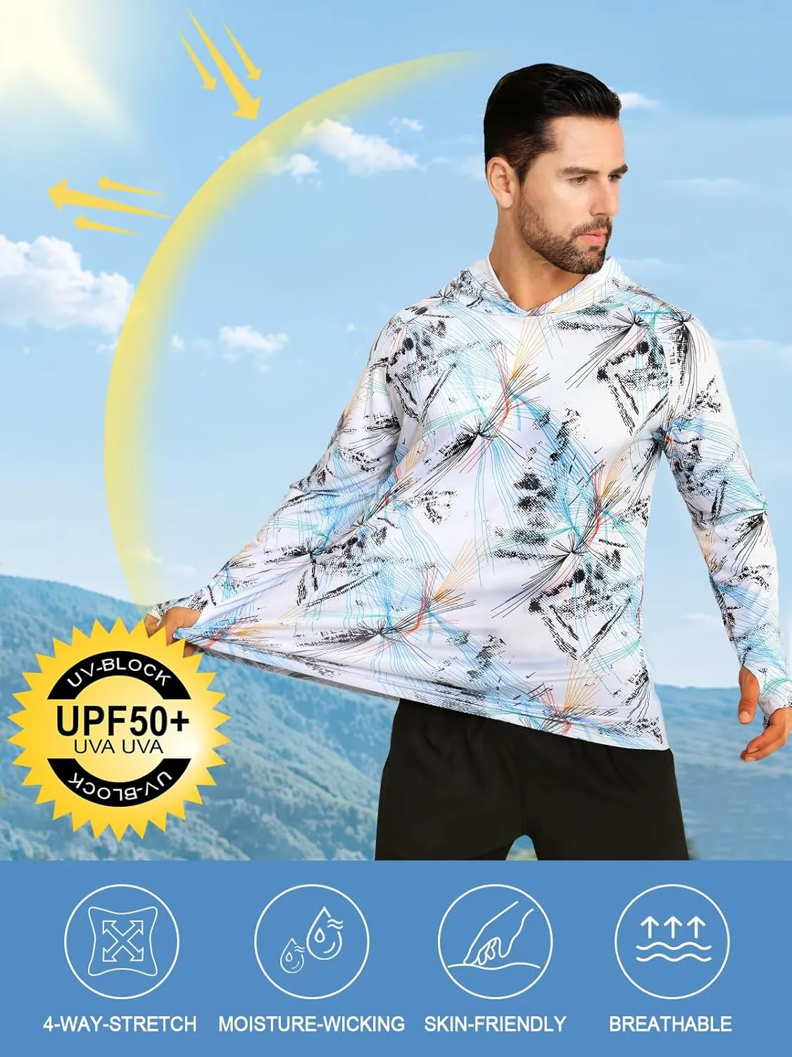 iCKER Men's UPF 50  Sun Protection Hoodie Shirt Rash Guard Long Sleeve Shirt UV Fishing Outdoor Hiking Swimming Running