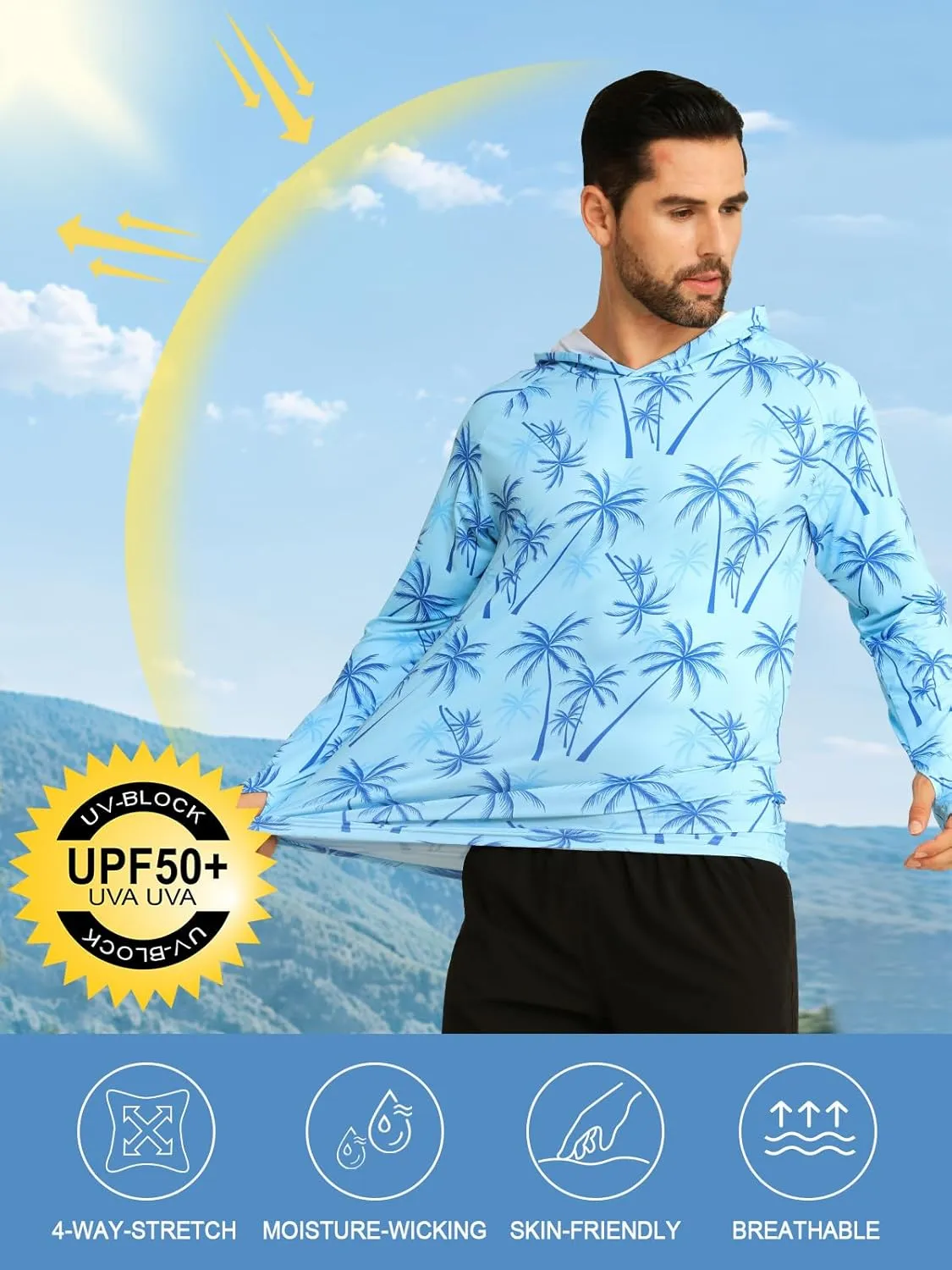 iCKER Men's UPF 50  Sun Protection Hoodie Shirt Rash Guard Long Sleeve Shirt UV Fishing Outdoor Hiking Swimming Running