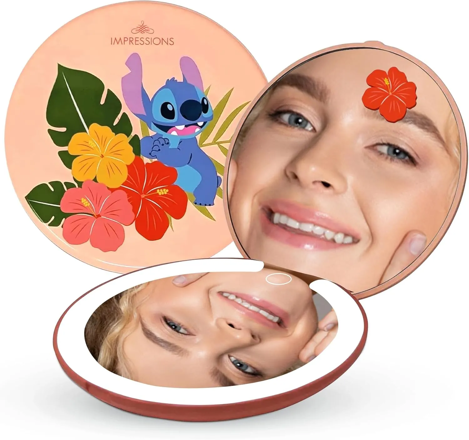 Impressions Vanity Disney Stitch Compact Mirror with Light, Double Sided Cute Travel Makeup Mirror with Magnification, Daylight LED Lighting, Adjustable Brightness, and Touch Control (Coral)
