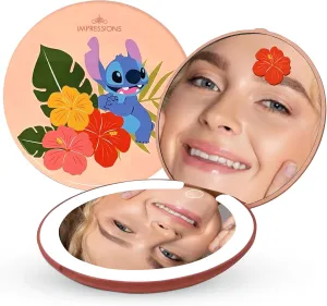 Impressions Vanity Disney Stitch Compact Mirror with Light, Double Sided Cute Travel Makeup Mirror with Magnification, Daylight LED Lighting, Adjustable Brightness, and Touch Control (Coral)