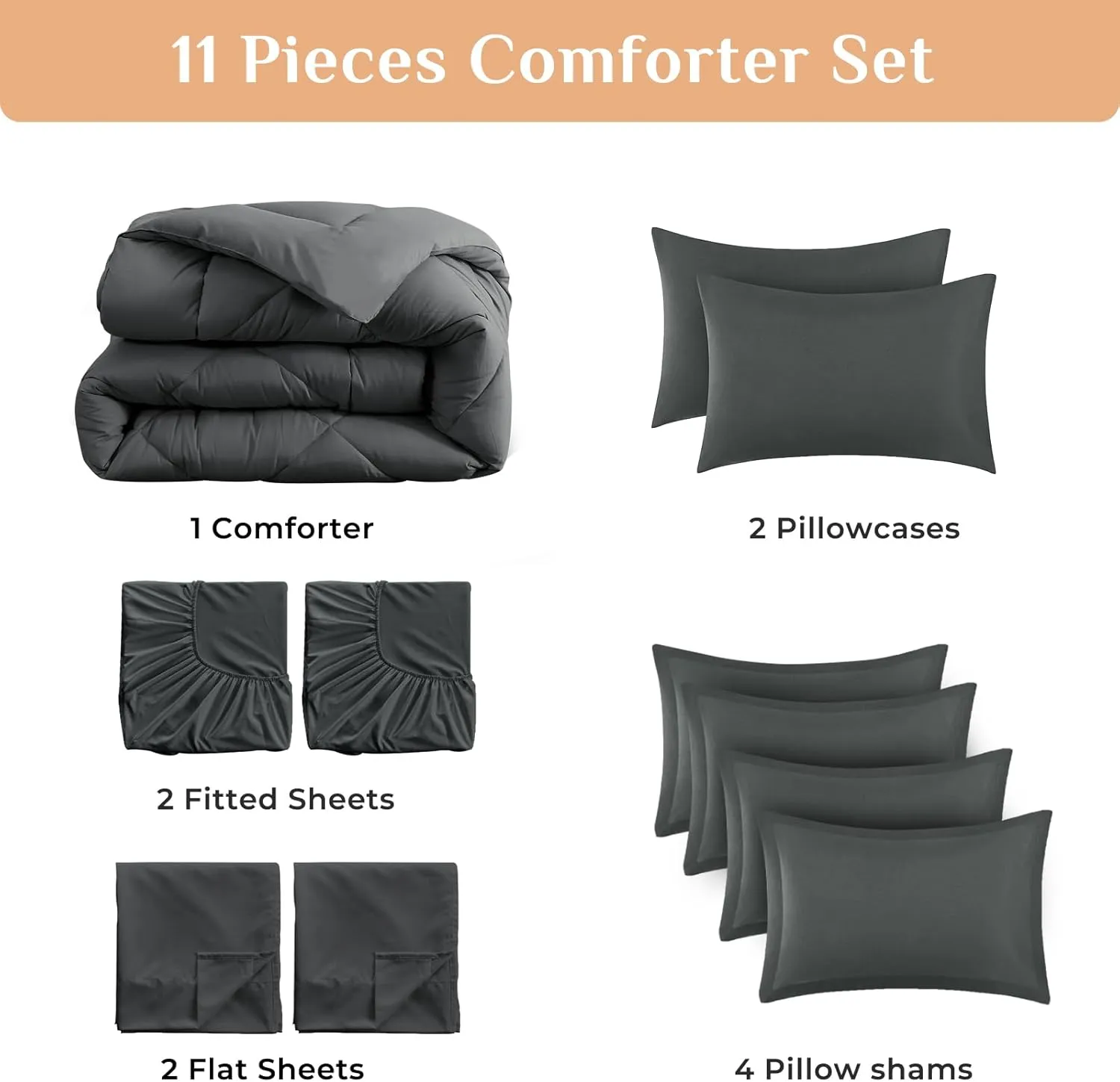 JOLLYVOGUE 11 Pieces Queen Comforter Set, Reversible Bed in a Bag Queen Size, All Season Bedding Set with Soft Dark Grey Comforter, Flat Sheets, Fitted Sheets, Pillowcases & Shams