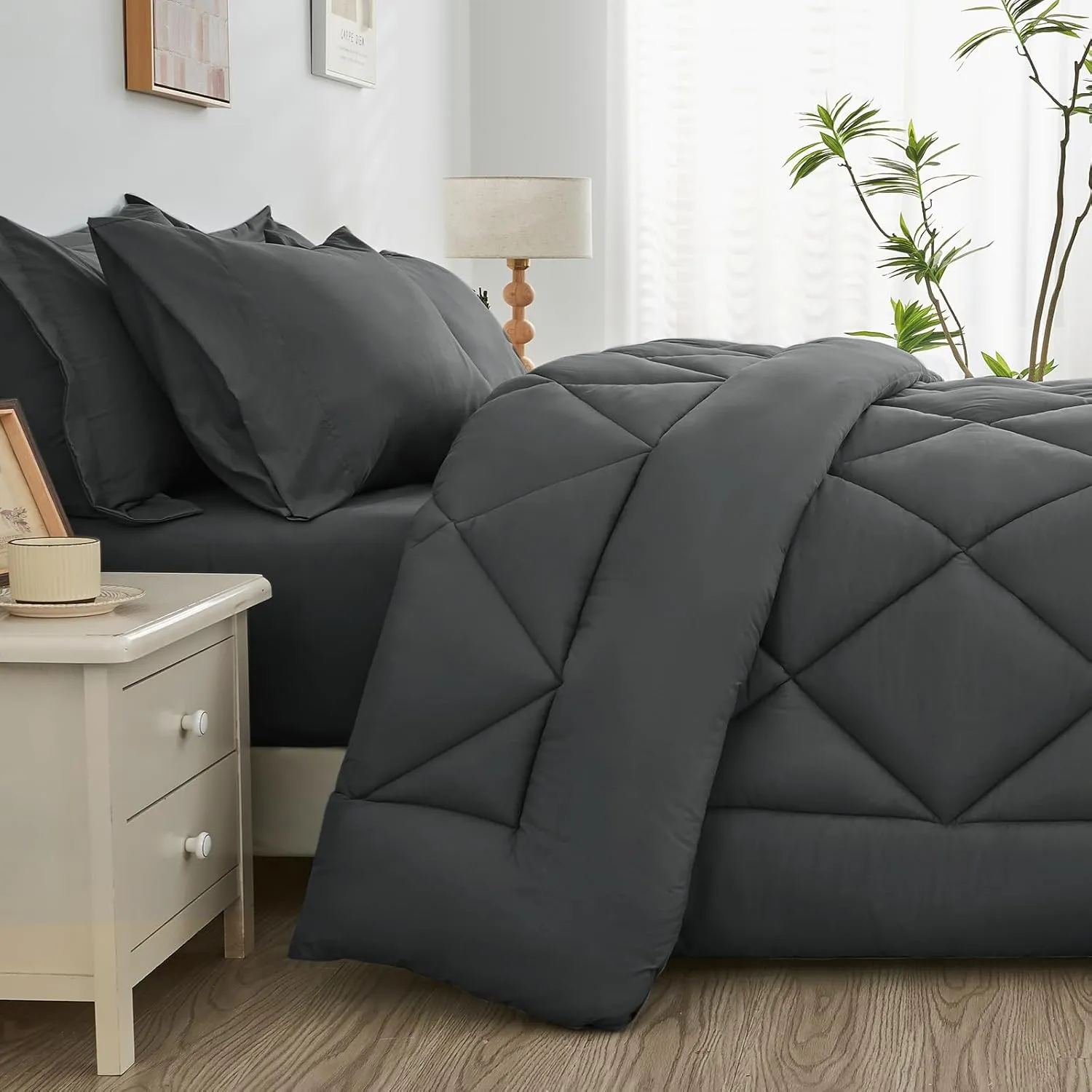 JOLLYVOGUE 11 Pieces Queen Comforter Set, Reversible Bed in a Bag Queen Size, All Season Bedding Set with Soft Dark Grey Comforter, Flat Sheets, Fitted Sheets, Pillowcases & Shams