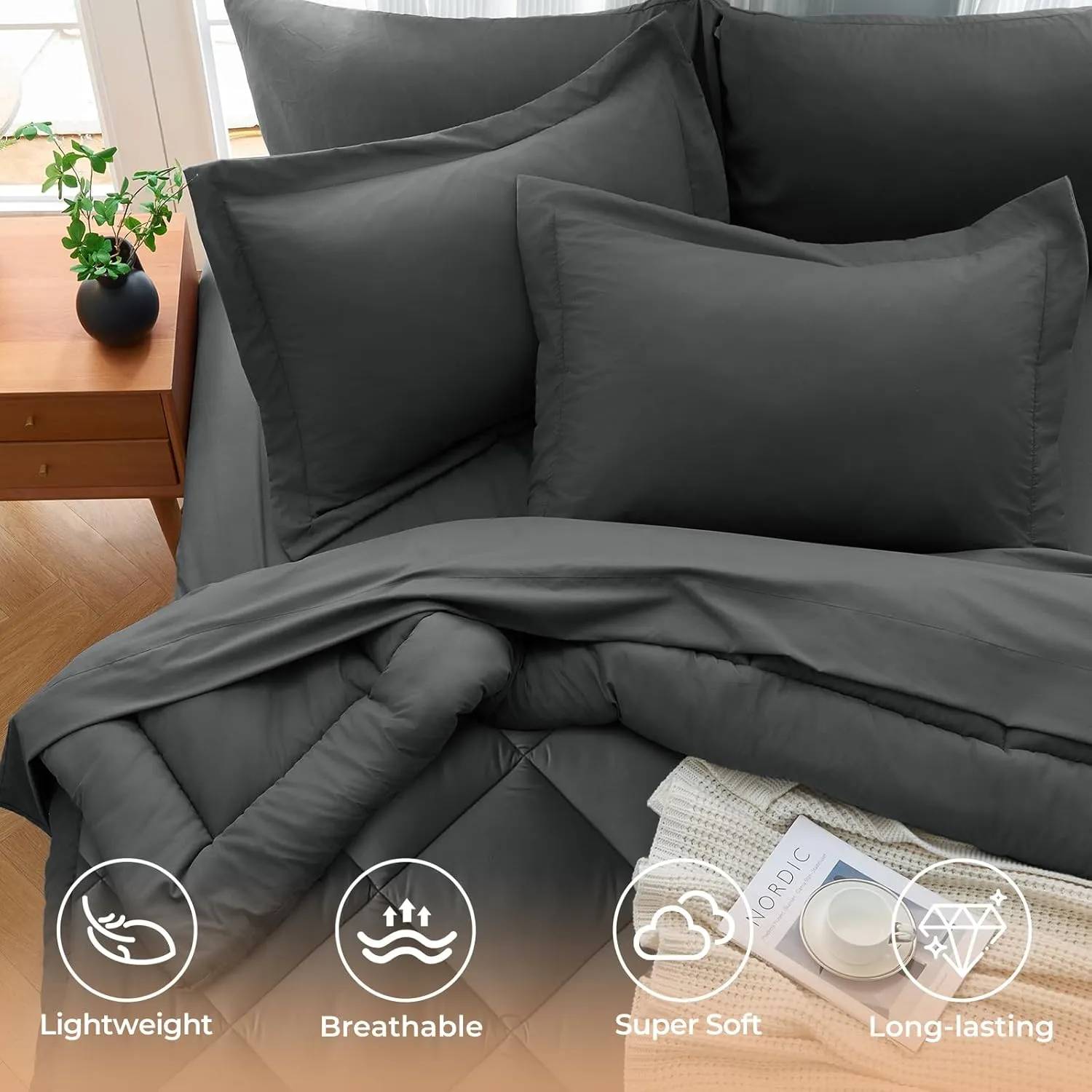 JOLLYVOGUE 11 Pieces Queen Comforter Set, Reversible Bed in a Bag Queen Size, All Season Bedding Set with Soft Dark Grey Comforter, Flat Sheets, Fitted Sheets, Pillowcases & Shams
