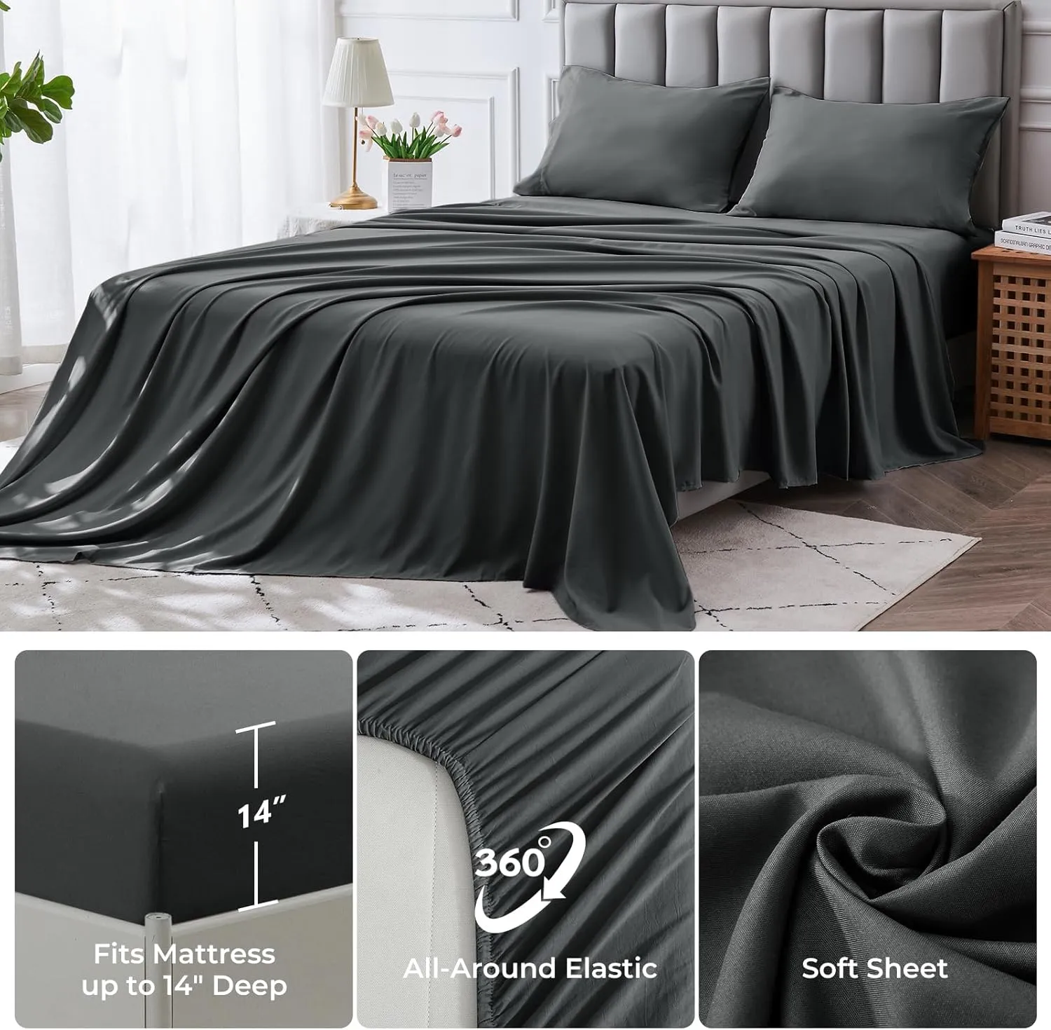 JOLLYVOGUE 11 Pieces Queen Comforter Set, Reversible Bed in a Bag Queen Size, All Season Bedding Set with Soft Dark Grey Comforter, Flat Sheets, Fitted Sheets, Pillowcases & Shams