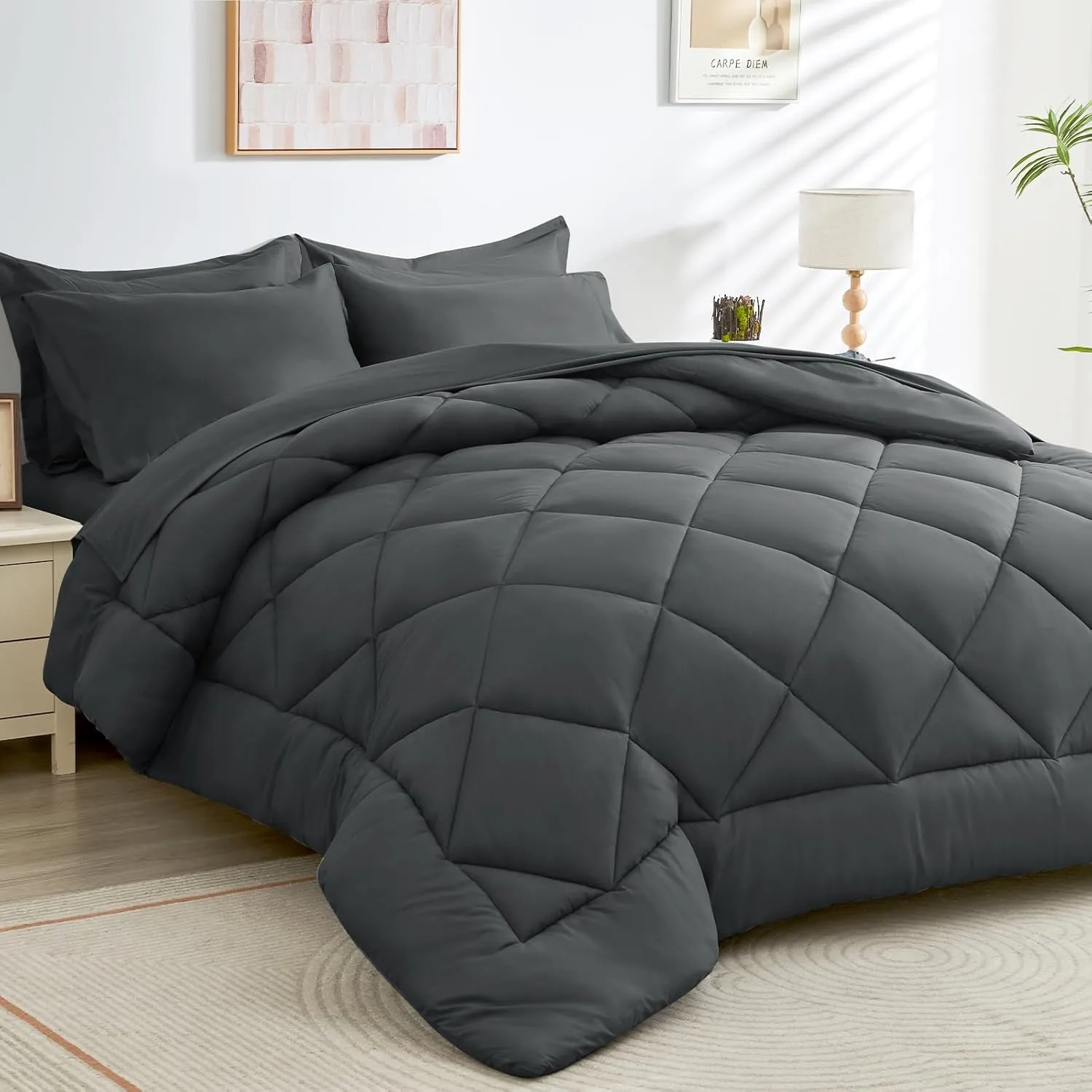 JOLLYVOGUE 11 Pieces Queen Comforter Set, Reversible Bed in a Bag Queen Size, All Season Bedding Set with Soft Dark Grey Comforter, Flat Sheets, Fitted Sheets, Pillowcases & Shams