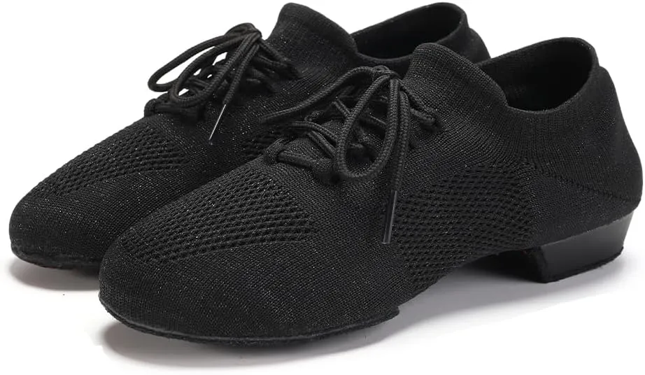 JUODVMP Women's Knits Dance Shoes Classical Lace-up Jazz Ballet Flats Casual Walking Sneakers