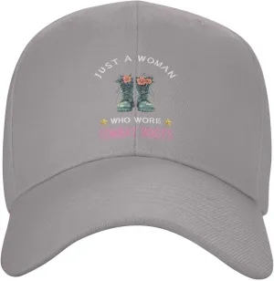 Just a Woman Who Wore Combat Boots Adjustable Gray Curved Bill Baseball Cap Comfortable Breathable Everyday Wear8