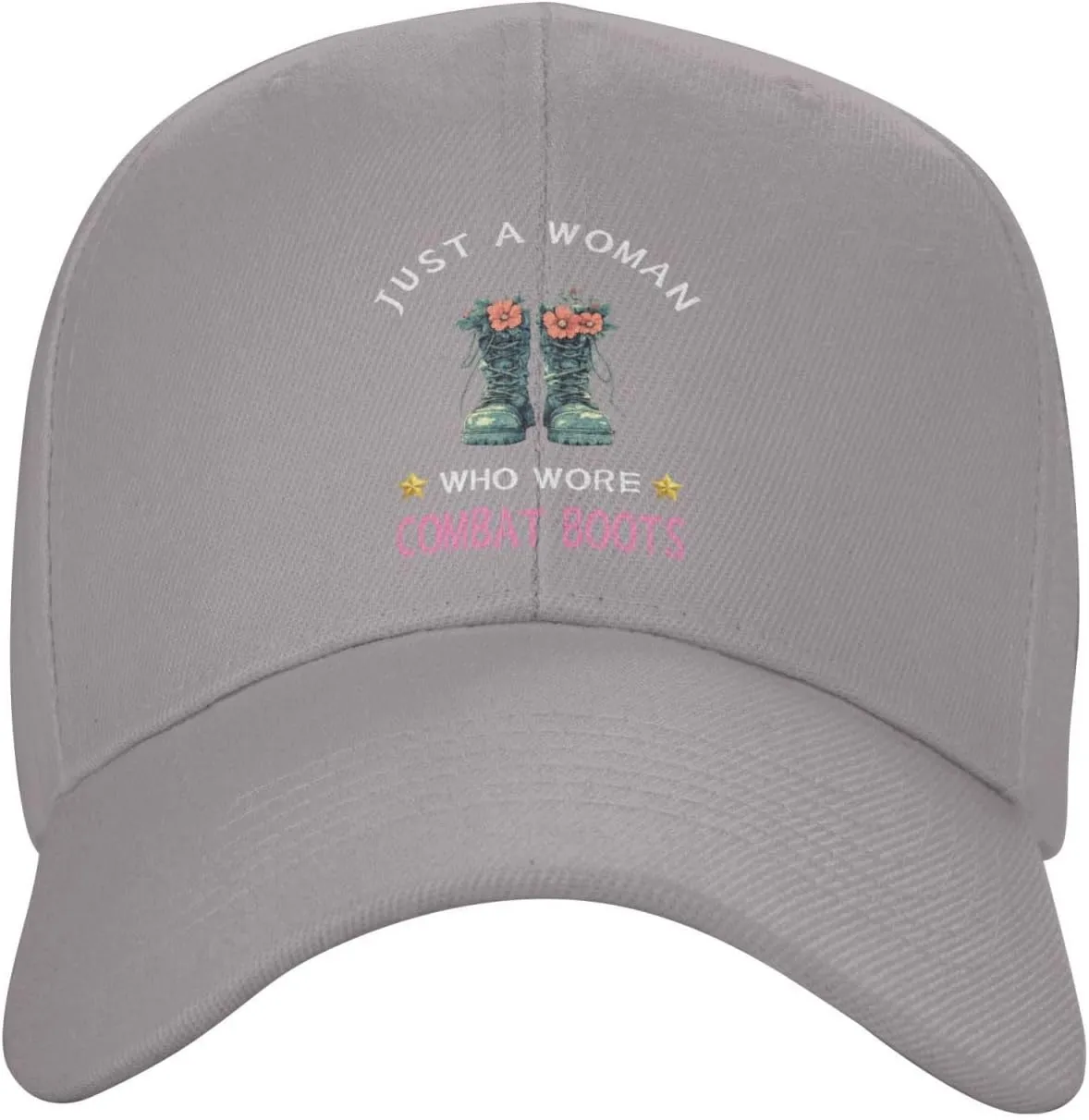 Just a Woman Who Wore Combat Boots Adjustable Gray Curved Bill Baseball Cap Comfortable Breathable Everyday Wear8