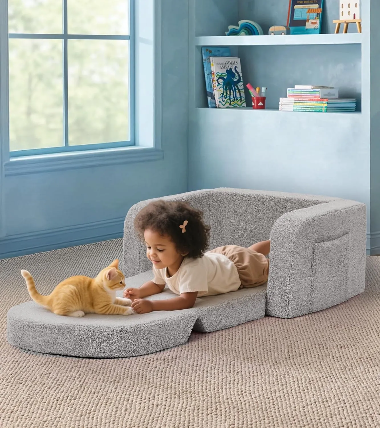 Kids Couch, 2-in-1 Soft Toddler Couch Fold Out with with Blanket and Cloud Pillow, Glow in The Dark, Toddler Chair Comfy, Convertible Sofa to Lounger, Gifts for Kids Girl Boys, Medium Grey Rainbow