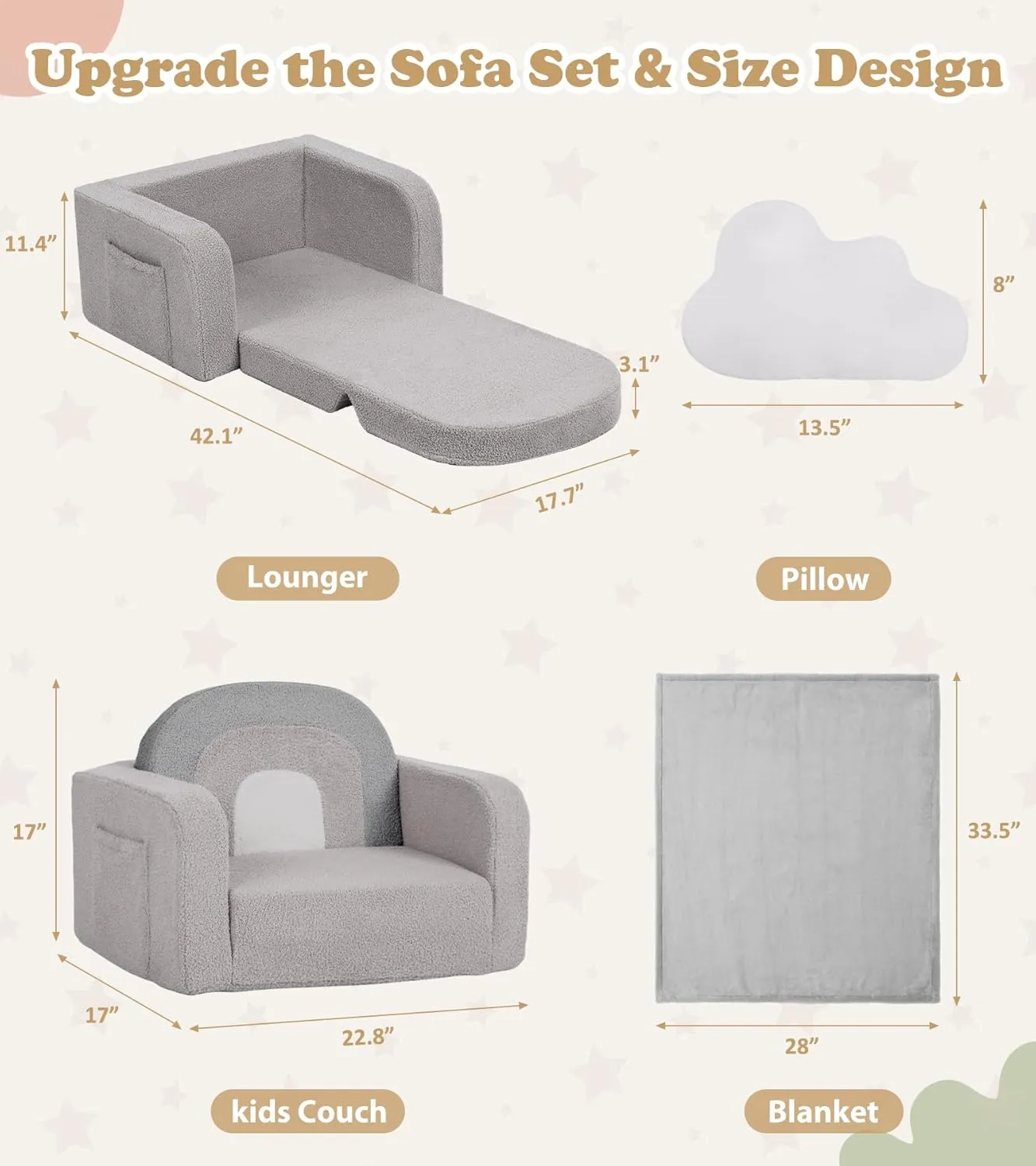 Kids Couch, 2-in-1 Soft Toddler Couch Fold Out with with Blanket and Cloud Pillow, Glow in The Dark, Toddler Chair Comfy, Convertible Sofa to Lounger, Gifts for Kids Girl Boys, Medium Grey Rainbow