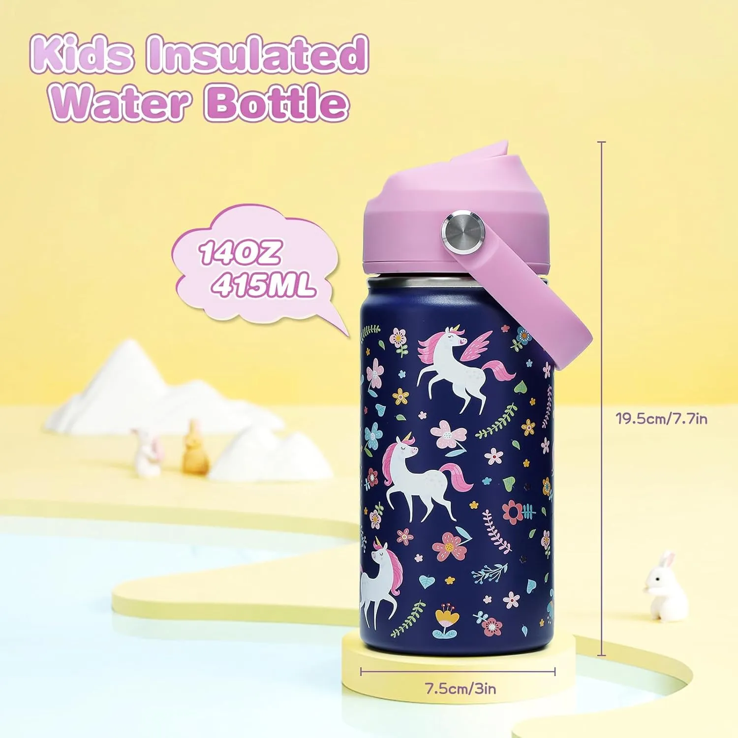 Kids Insulated Water Bottle with Straw Lid, 14oz Double Wall Vacuum 18/8 Stainless Steel Kids Tumbler, BPA-FREE Leak Proof Toddler Metal Water Bottle Kids Cups for School Travel Boys Girls