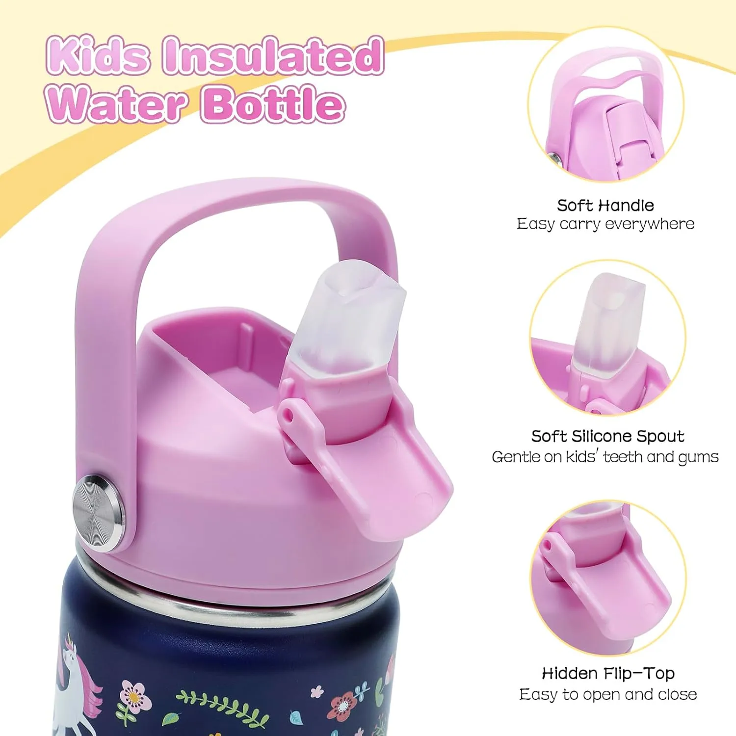 Kids Insulated Water Bottle with Straw Lid, 14oz Double Wall Vacuum 18/8 Stainless Steel Kids Tumbler, BPA-FREE Leak Proof Toddler Metal Water Bottle Kids Cups for School Travel Boys Girls